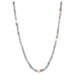 Handmade Labradorite & Pearl Beaded Necklace, 14 Karat Gold 17.7 Inches