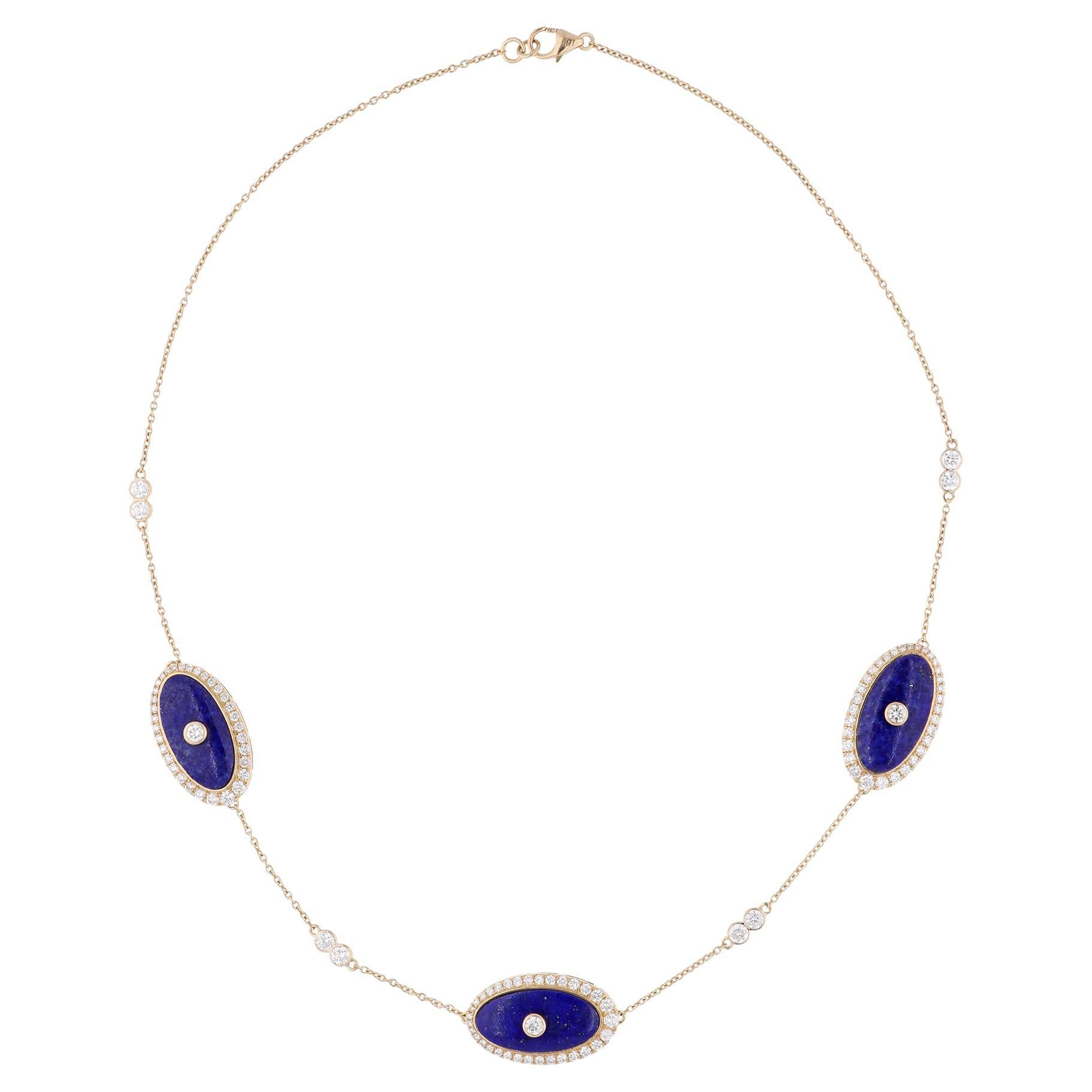 Collier en or jaune 14 carats fait main avec des pierres précieuses Lapis et des diamants