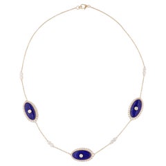 Collier en or jaune 14 carats fait main en Lapis Gemstone Diamond Station Chain
