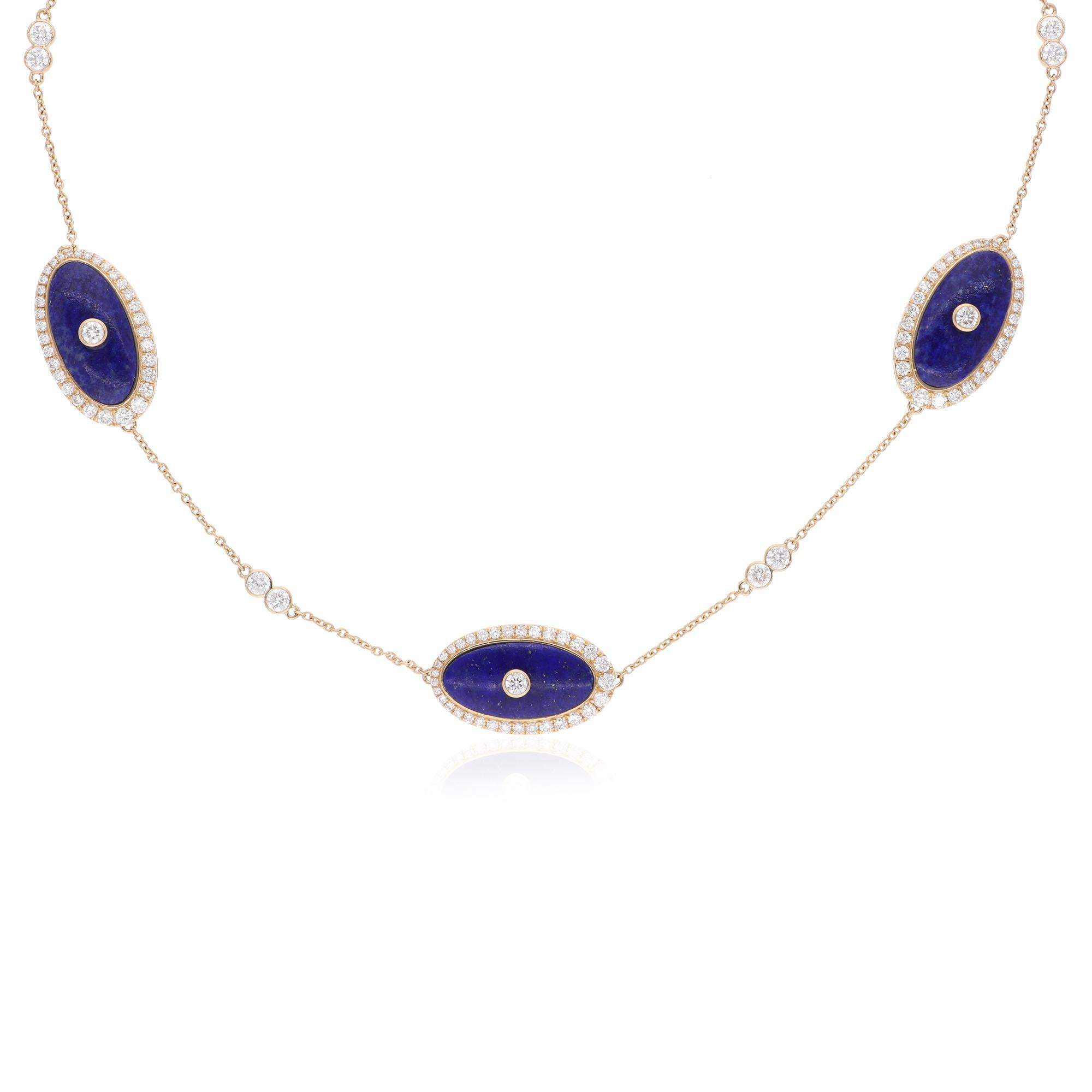 Contemporain Collier en or jaune 18 carats fait main en Lapis Gemstone Diamond Station Chain en vente