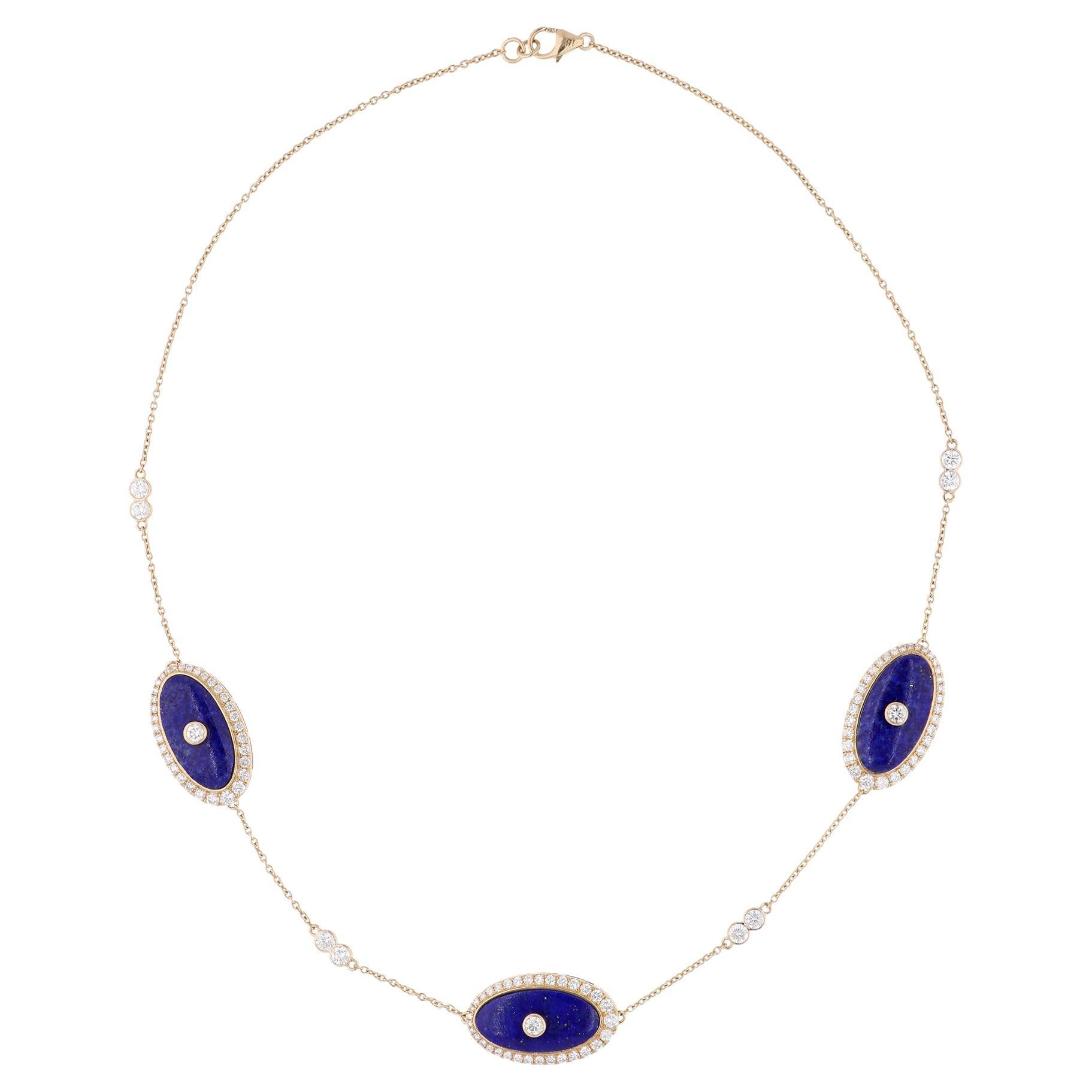 Collier en or jaune 18 carats fait main en Lapis Gemstone Diamond Station Chain Pour femmes en vente