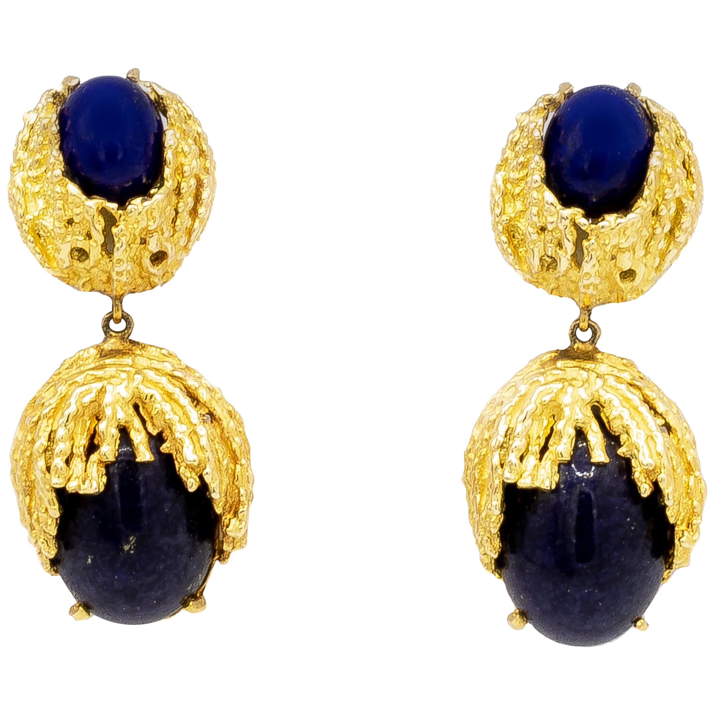 Handmade Lapis Lazuli 18 Karat Yellow Gold Earrings