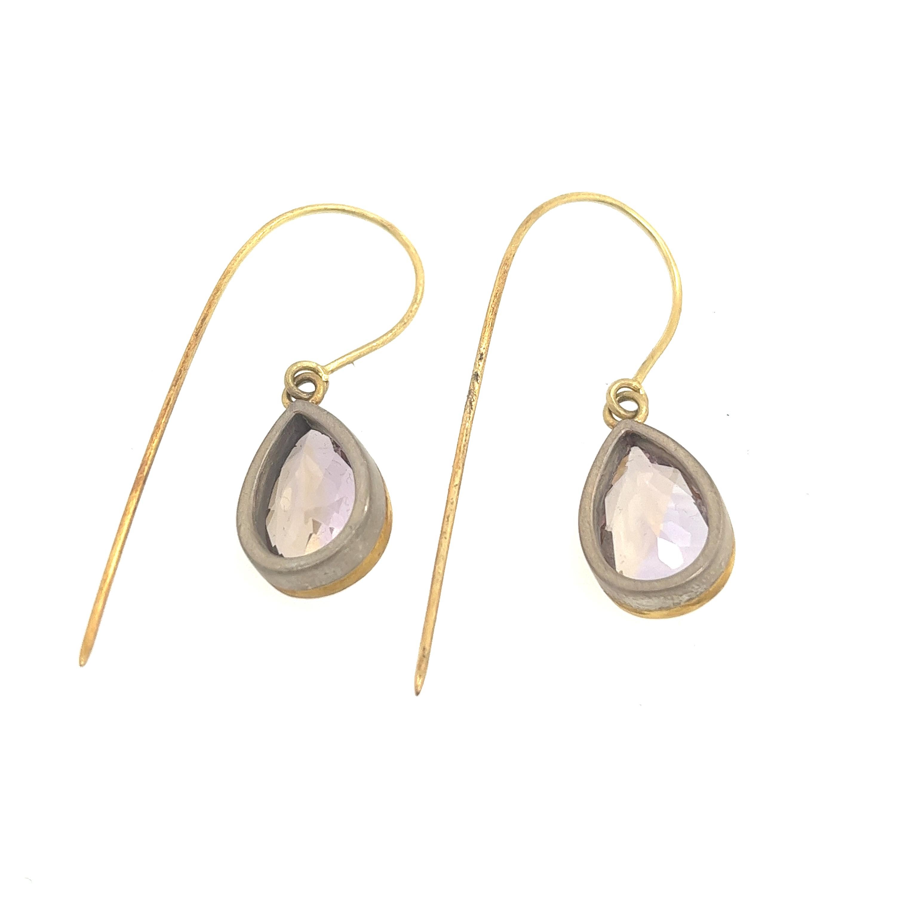 Pear Cut Handmade Large Amethyst Drop Earrings in 18ct Yellow Gold & Silver For Sale