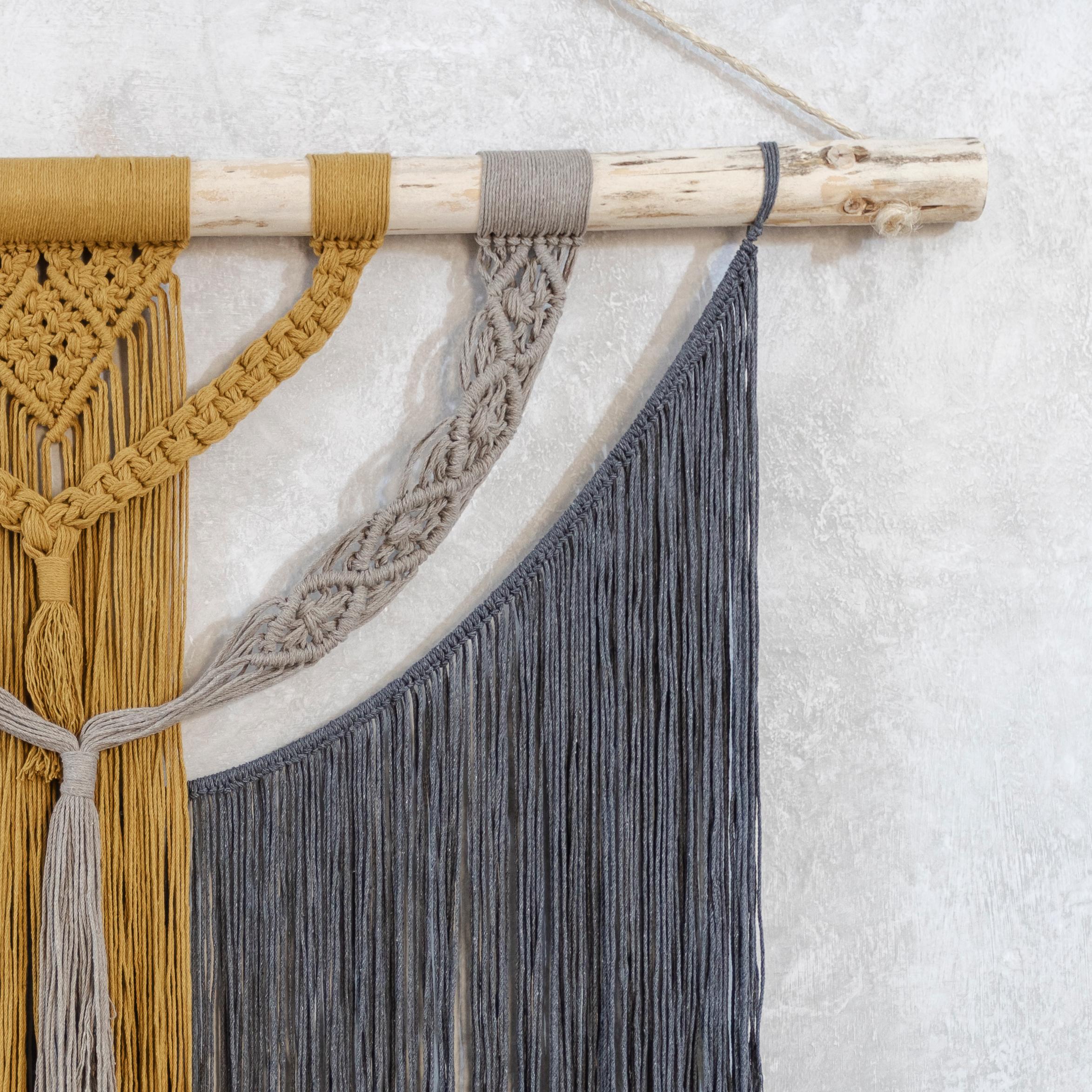 Hand-weaved macramé, of naturally dyed cotton, by humans of Máak-an in Oaxaca.

This large contemporary colorful macrame wall hanging will add statement, boldness, and warmth to any room. Perfect for a touch of natural decor to the modern home, or
