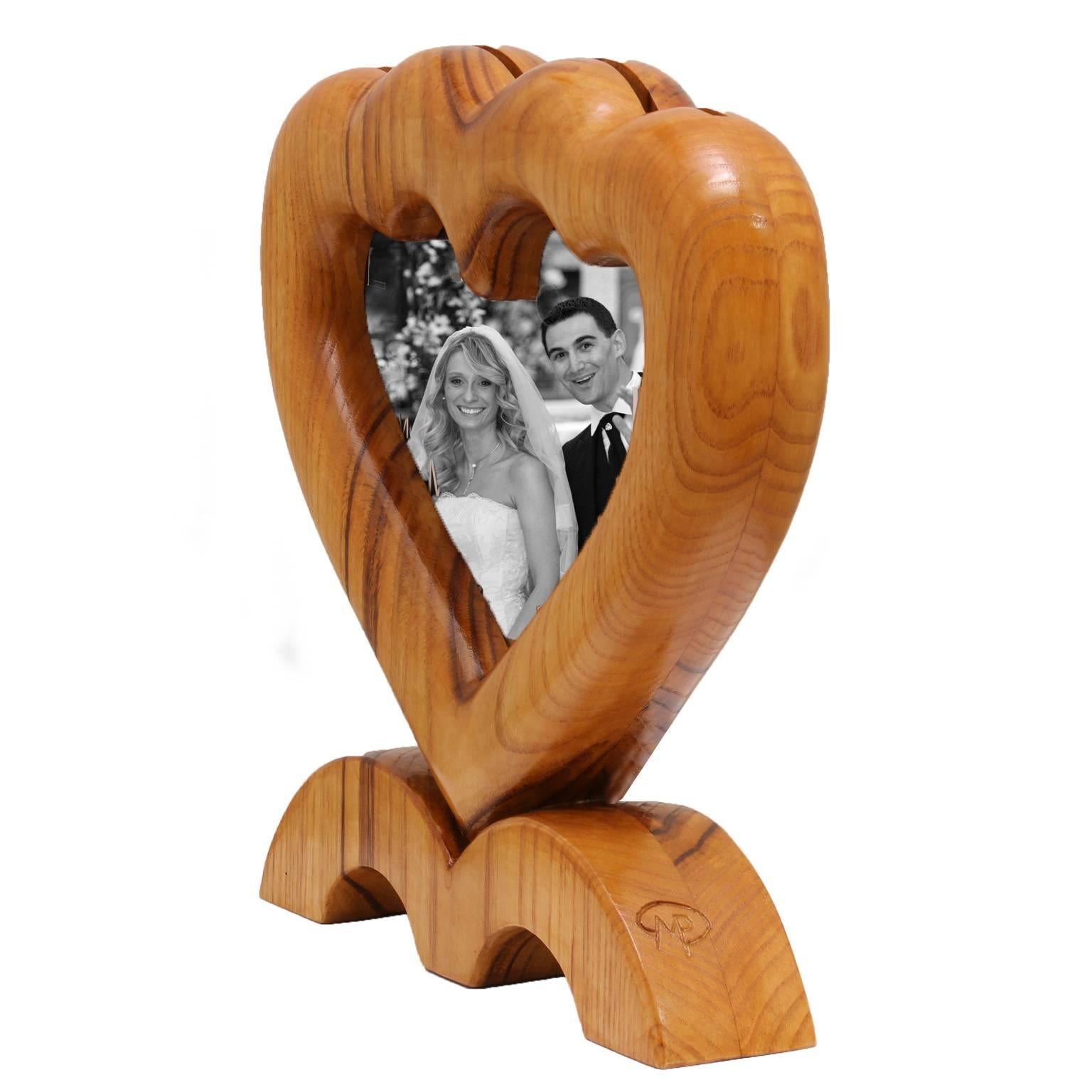 Modern Italian Photo Frame Handmade Wood, Double Heart For Sale