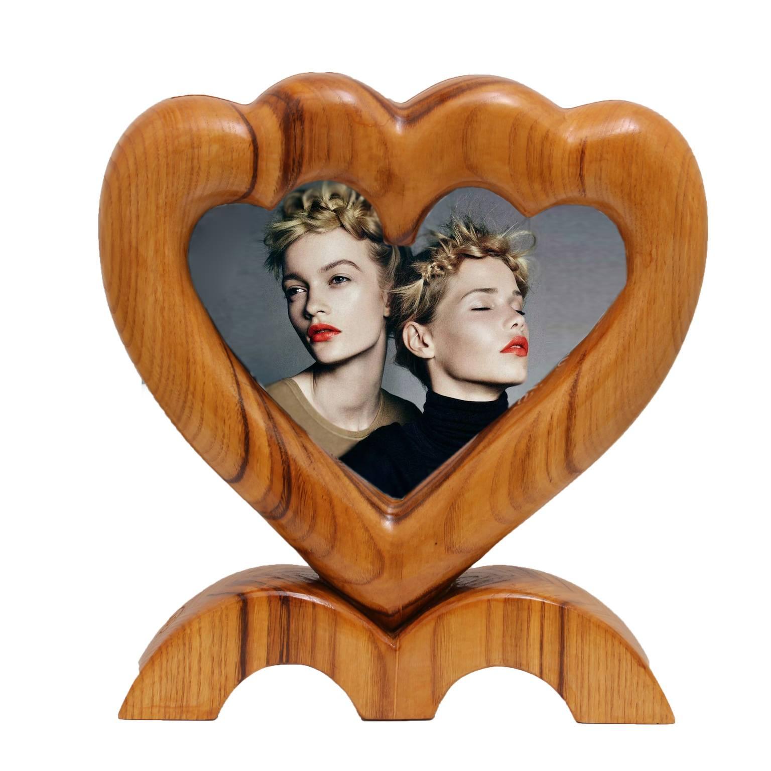 Hand-Carved Italian Photo Frame Handmade Wood, Double Heart For Sale