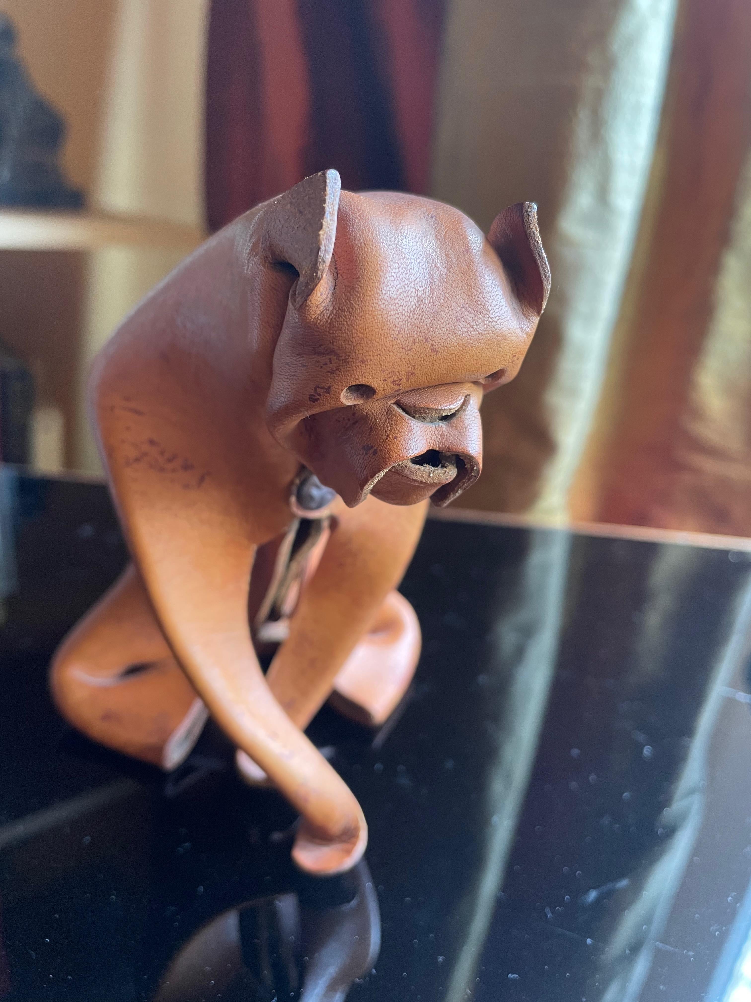 Leather Handmade leather dog /Boxer by DERU, Germany 1960s. For Sale