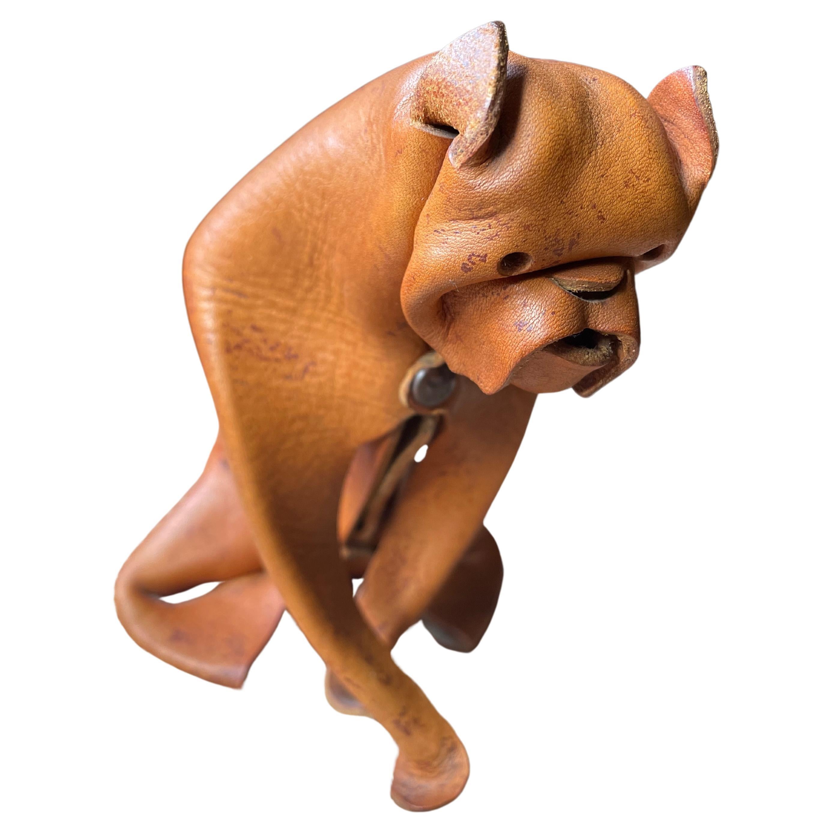 Handmade leather dog /Boxer by DERU, Germany 1960s. For Sale