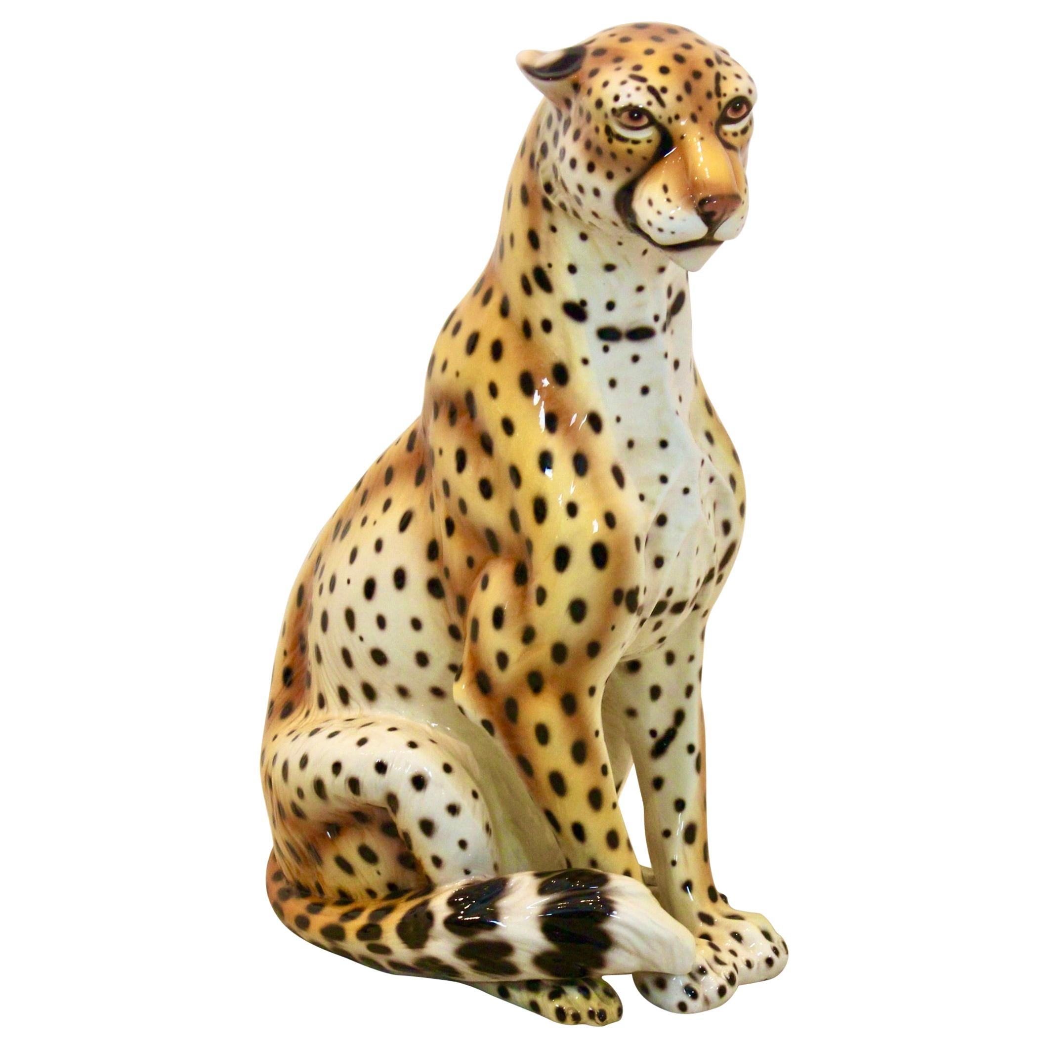 Handmade Life Size Italian Ceramic Leopard Sculpture