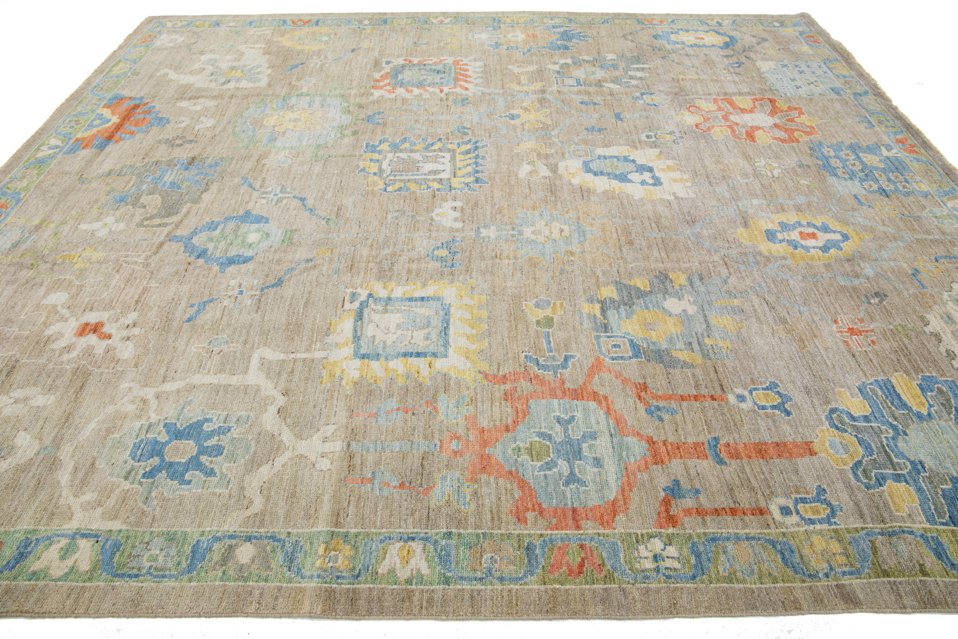Hand-Knotted Handmade Light Brown Sultanabad Wool Rug With Floral Pattern For Sale