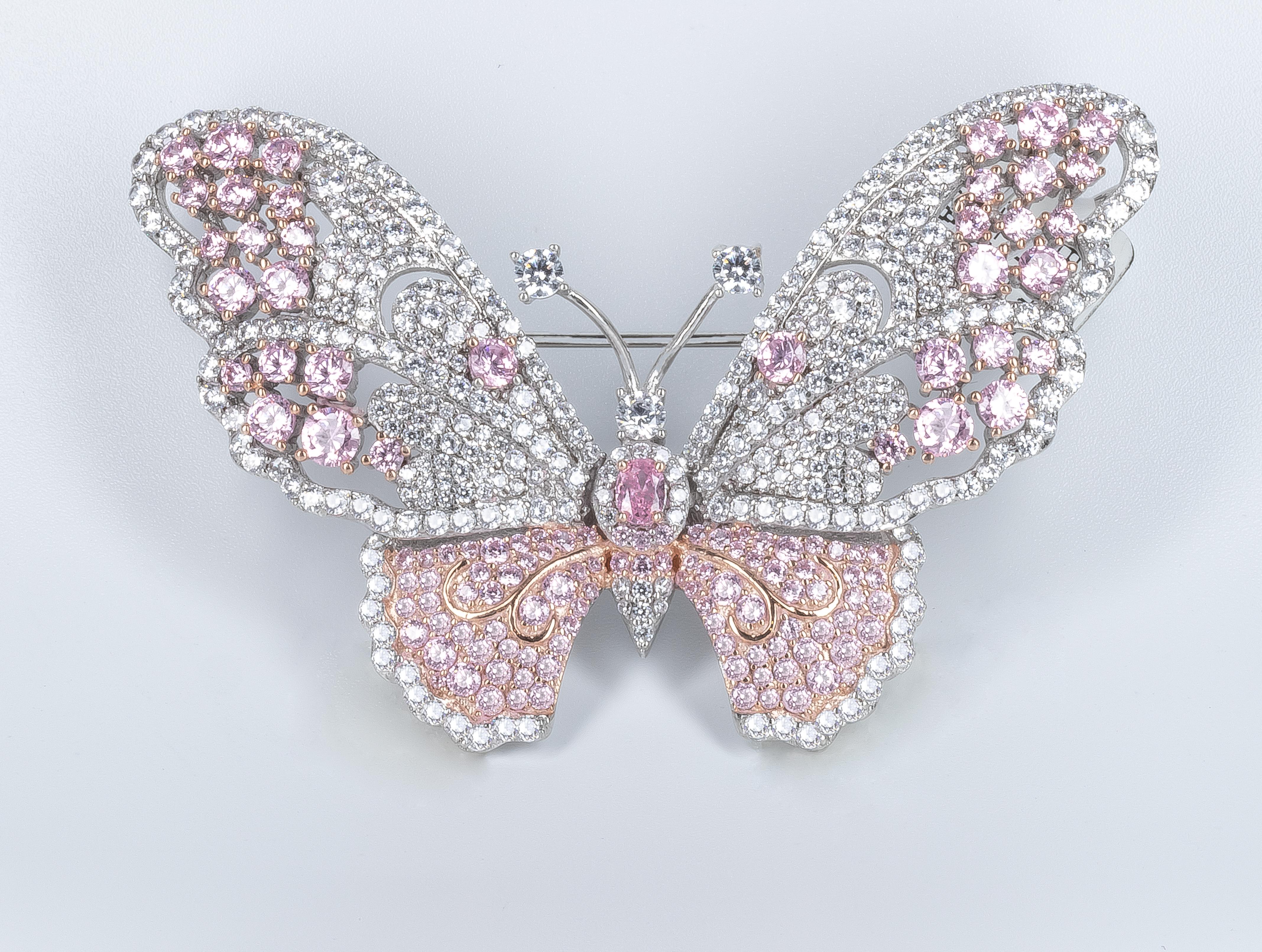 Modern Handmade Light Pink Butterfly Brooch Incrusted With Cubic Zirconia