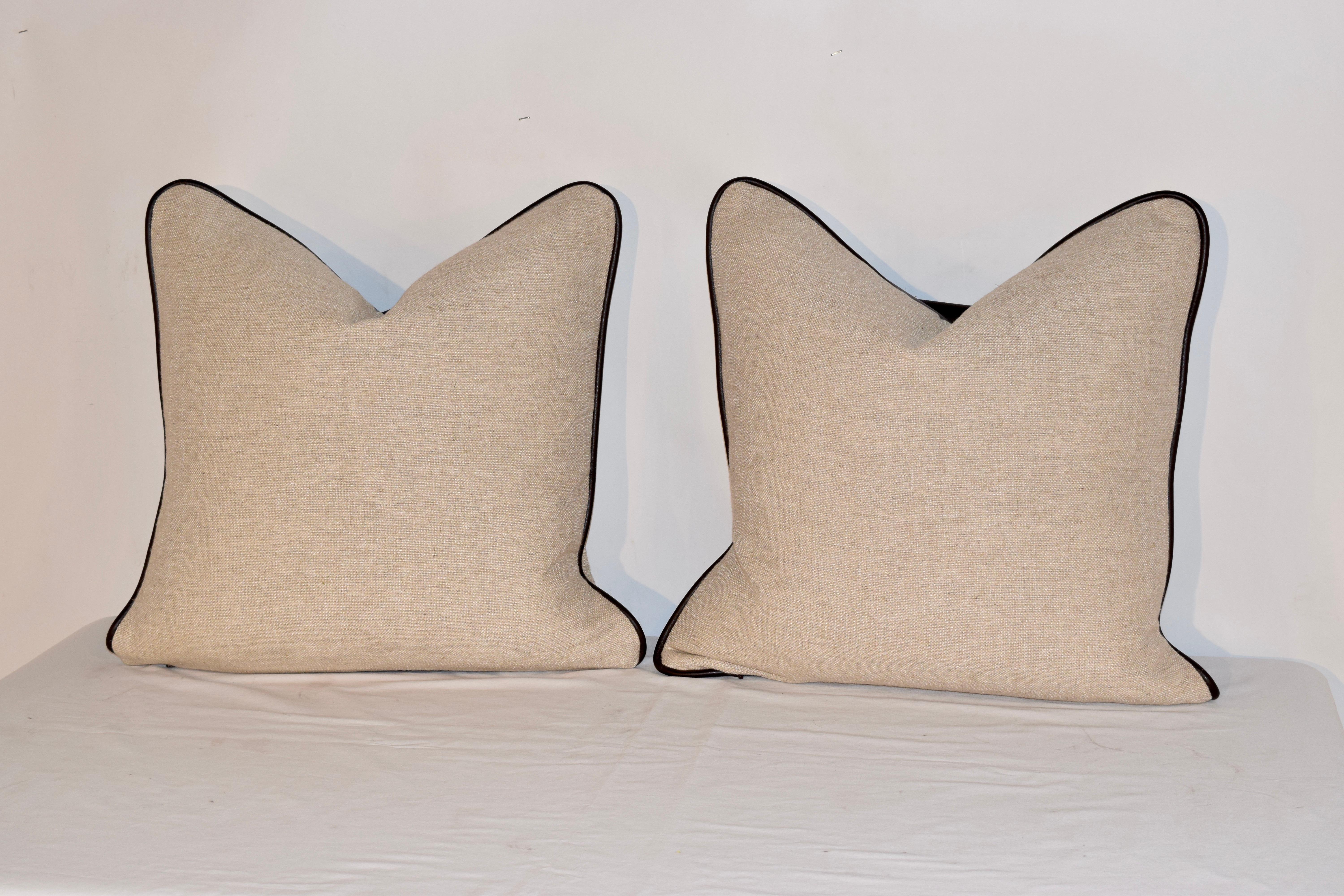 American Handmade Linen Pillows with Leather Stripe and Welting For Sale