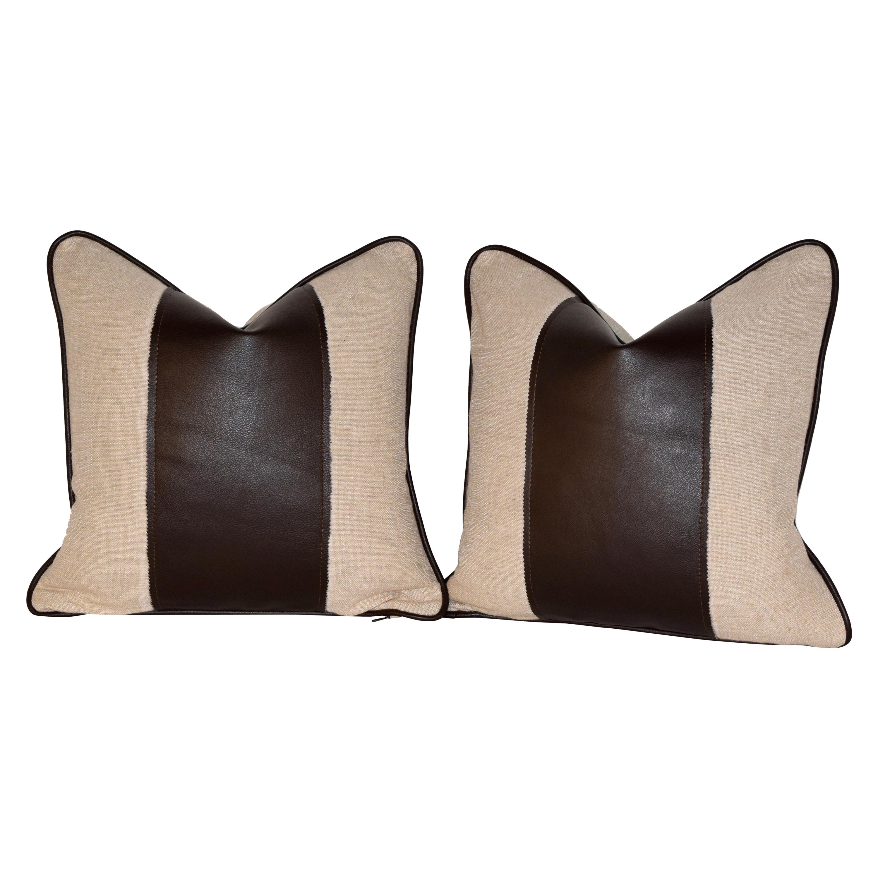 Handmade Linen Pillows with Leather Stripe and Welting For Sale