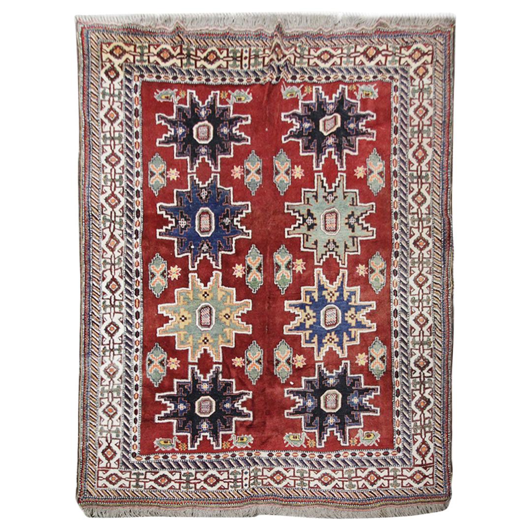 Handmade Living Room Rug, Vintage Red and Blue Wool Carpet Rug Kazak Area