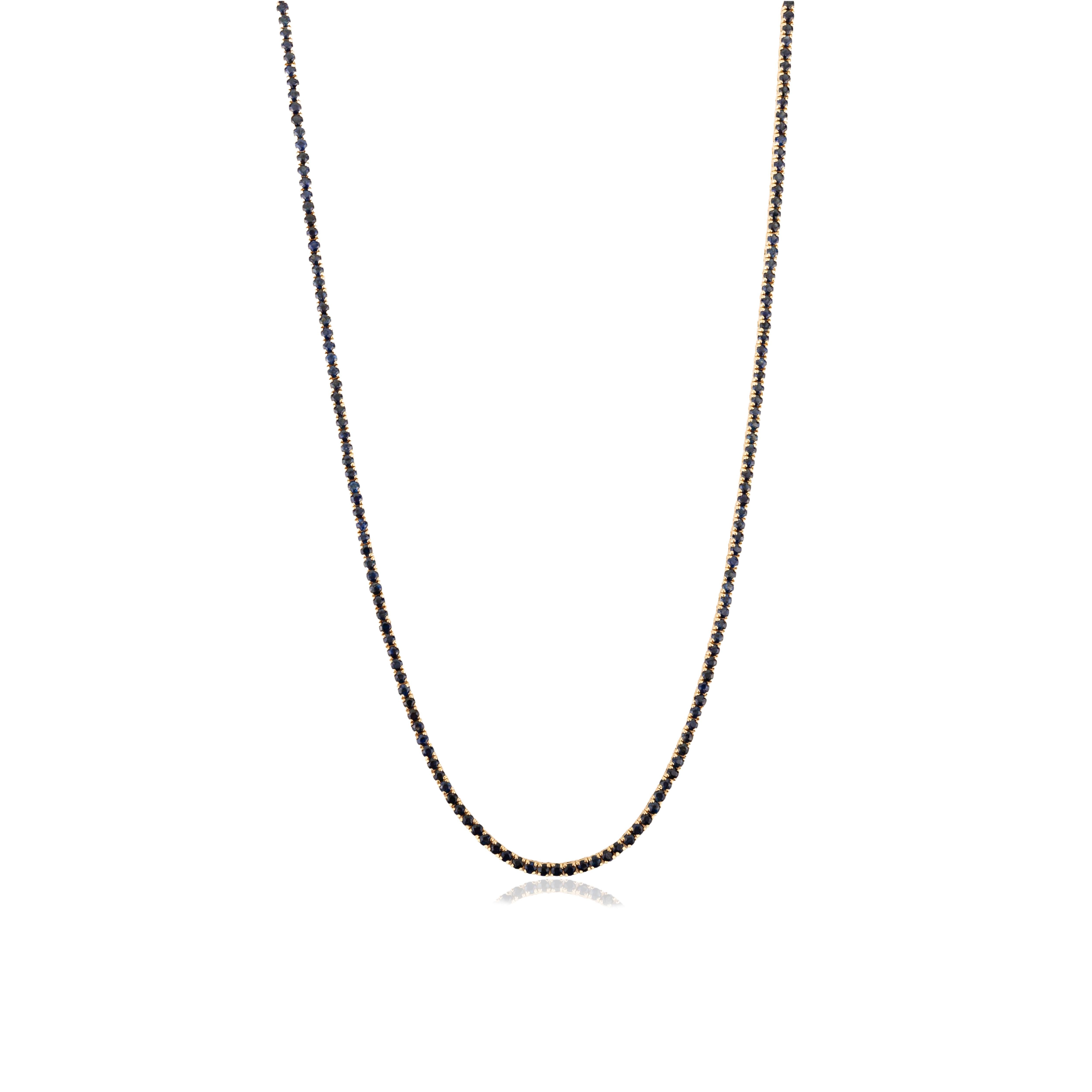 Handmade Long 9.46 CTW 18K Yellow Gold Natural Blue Sapphire Tennis Necklace