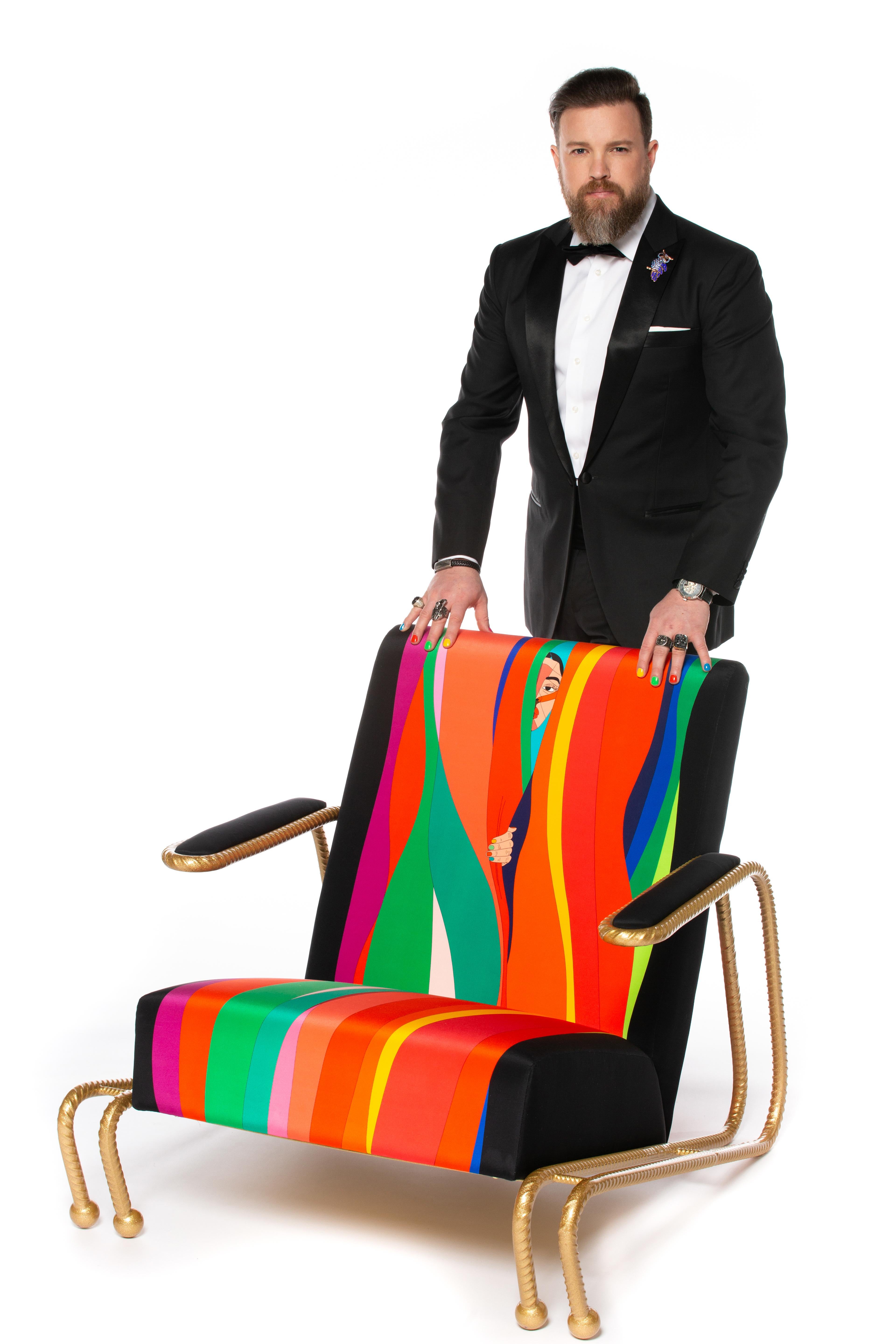 Contemporary Handmade Lounge Chair With Custom Printed Silk Upholstery & Rebar Metallic Frame For Sale