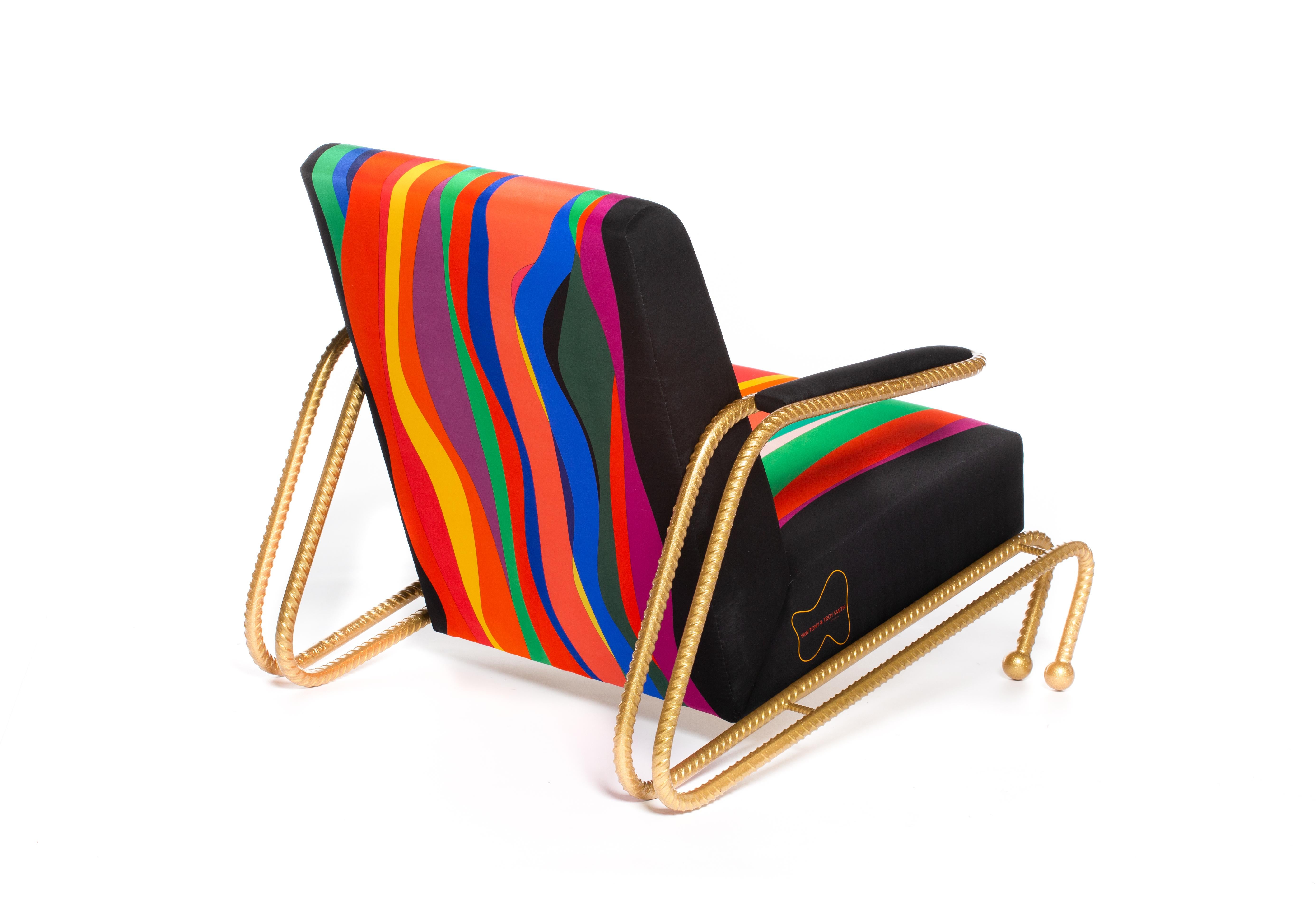 Canadian Handmade Lounge Chair With Custom Printed Silk Upholstery & Rebar Metallic Frame For Sale