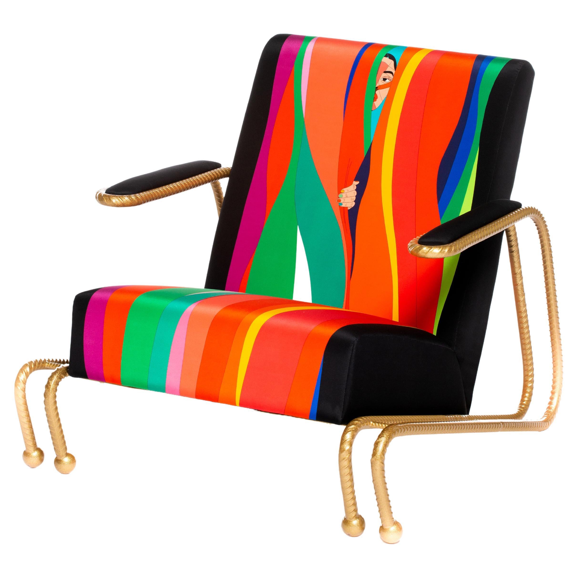 Handmade Lounge Chair With Custom Printed Silk Upholstery & Rebar Metallic Frame