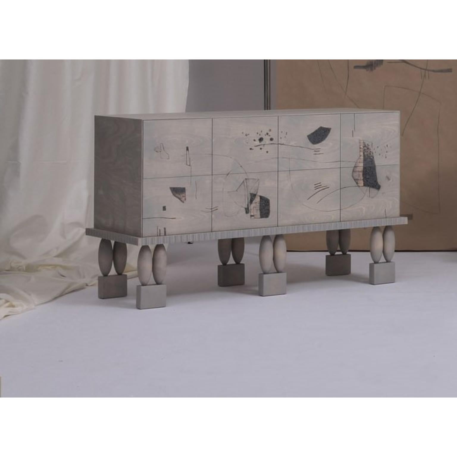 Handmade low commode with Pyrography by Jirí Krejcirík
Dimensions: 130 x 50 x 77 cm
Material: Birch wood
Also available in other materials and dimensions.

The furniture is inspired by Czech Art Nouveau aesthetics and interdisciplinary artists