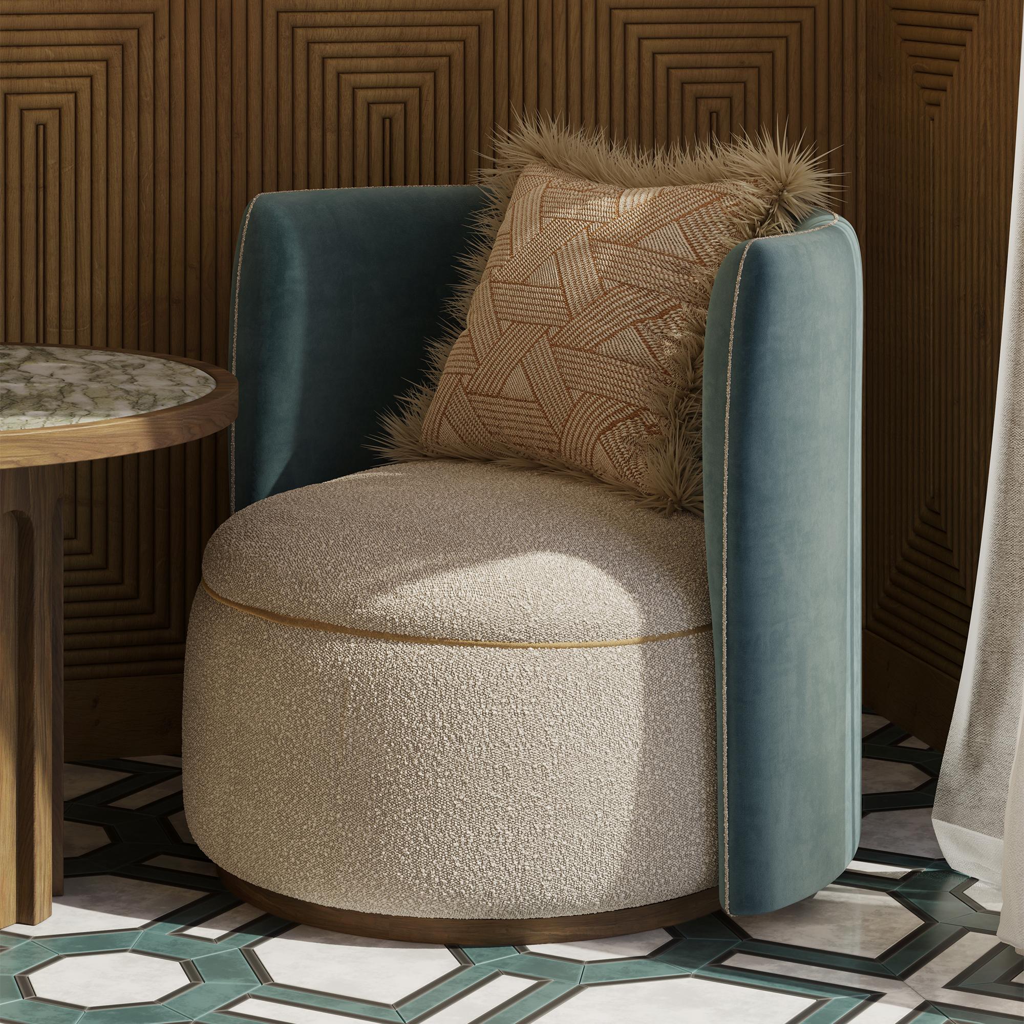 Handmade Lucie Armchair in Soft Fabric with Walnut Matte Base by Nolita Harbour For Sale 1