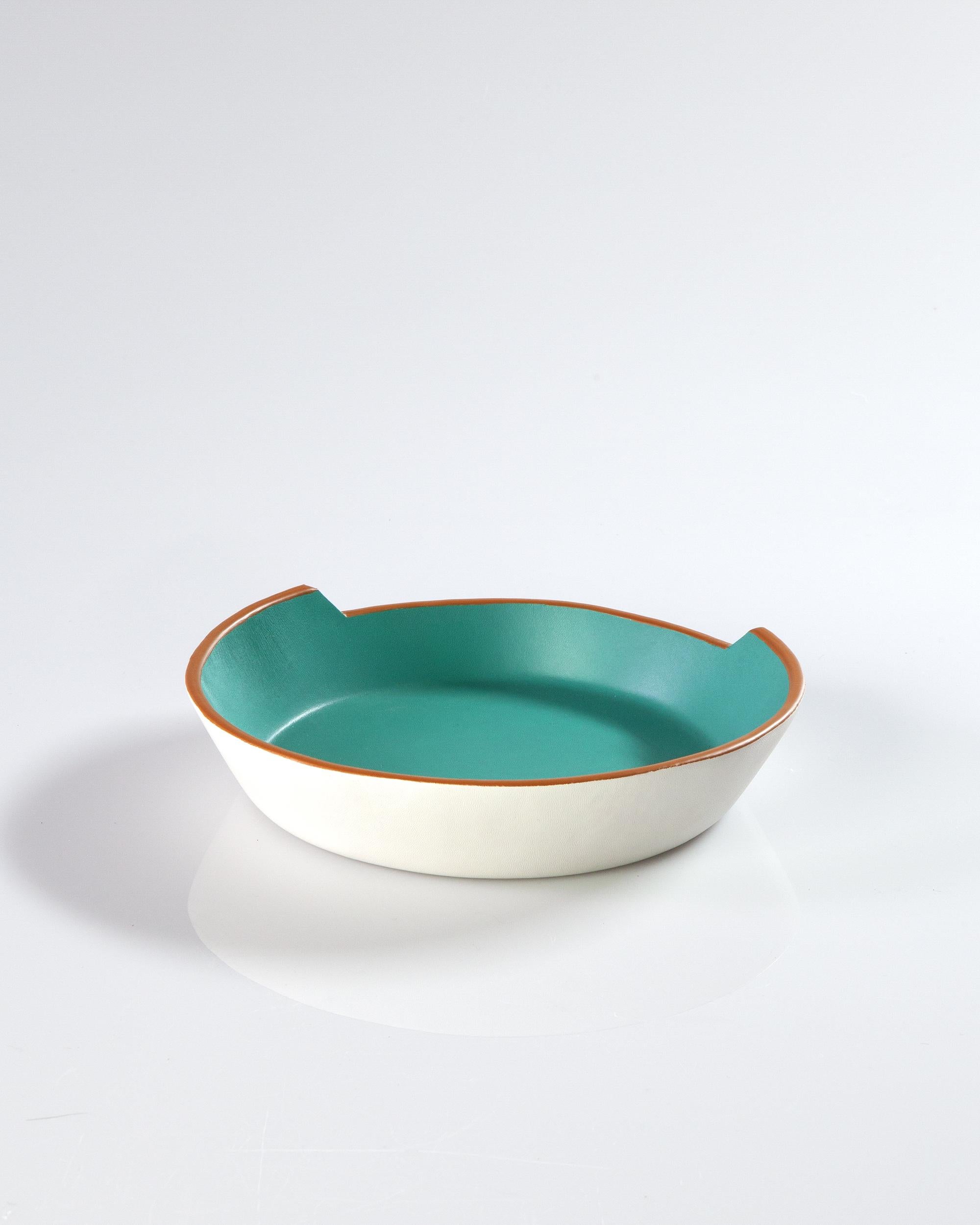 Mid-Century Modern Handmade Luxury Leather Bowl in Teal and White For Sale