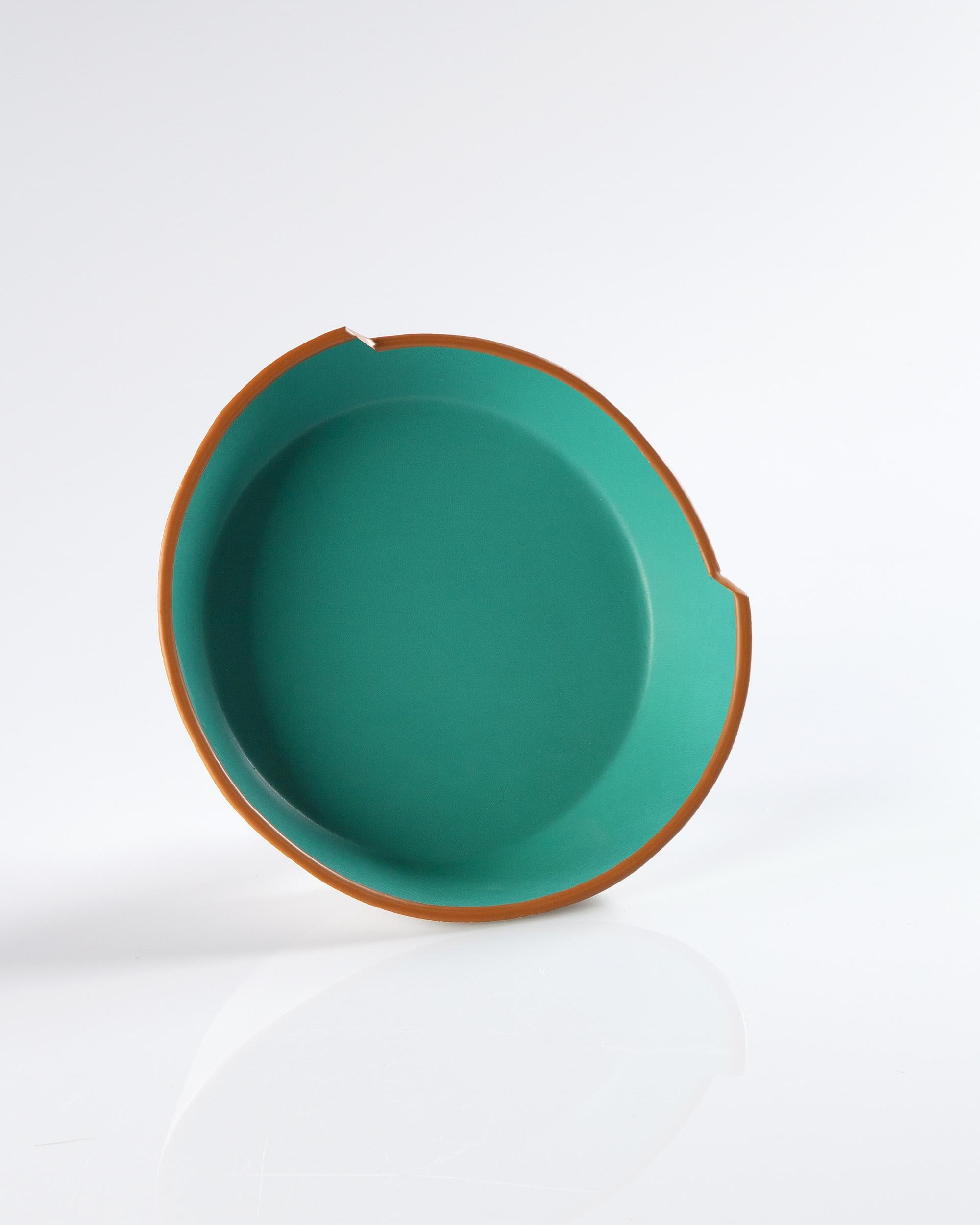 Spanish Handmade Luxury Leather Bowl in Teal and White For Sale