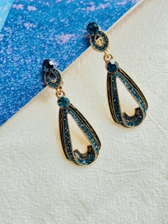 Handmade Luxury Ocean Blue Navy Swarovski Crystals Water Drop Clip Earrings