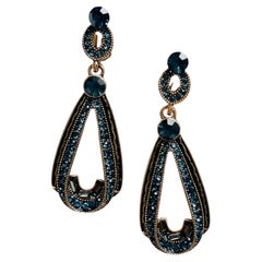 Handmade Luxury Ocean Blue Navy Swarovski Crystals Water Drop Clip Earrings