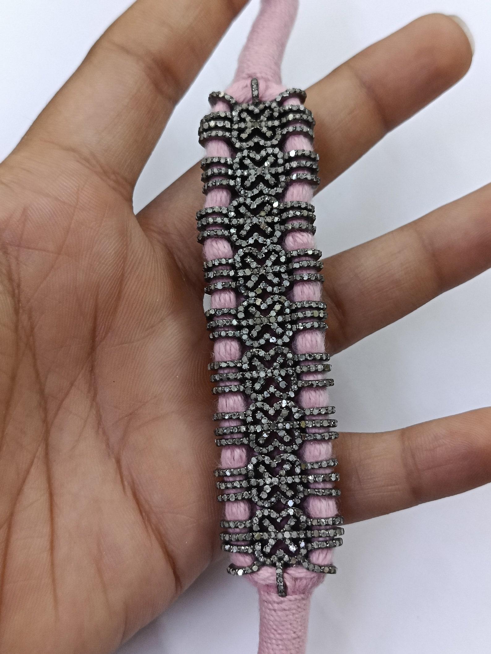 Handmade Macrame Bracelet Pave Diamond Bracelet 925 Sterling Silver Jewelry Gift In New Condition For Sale In Chicago, IL