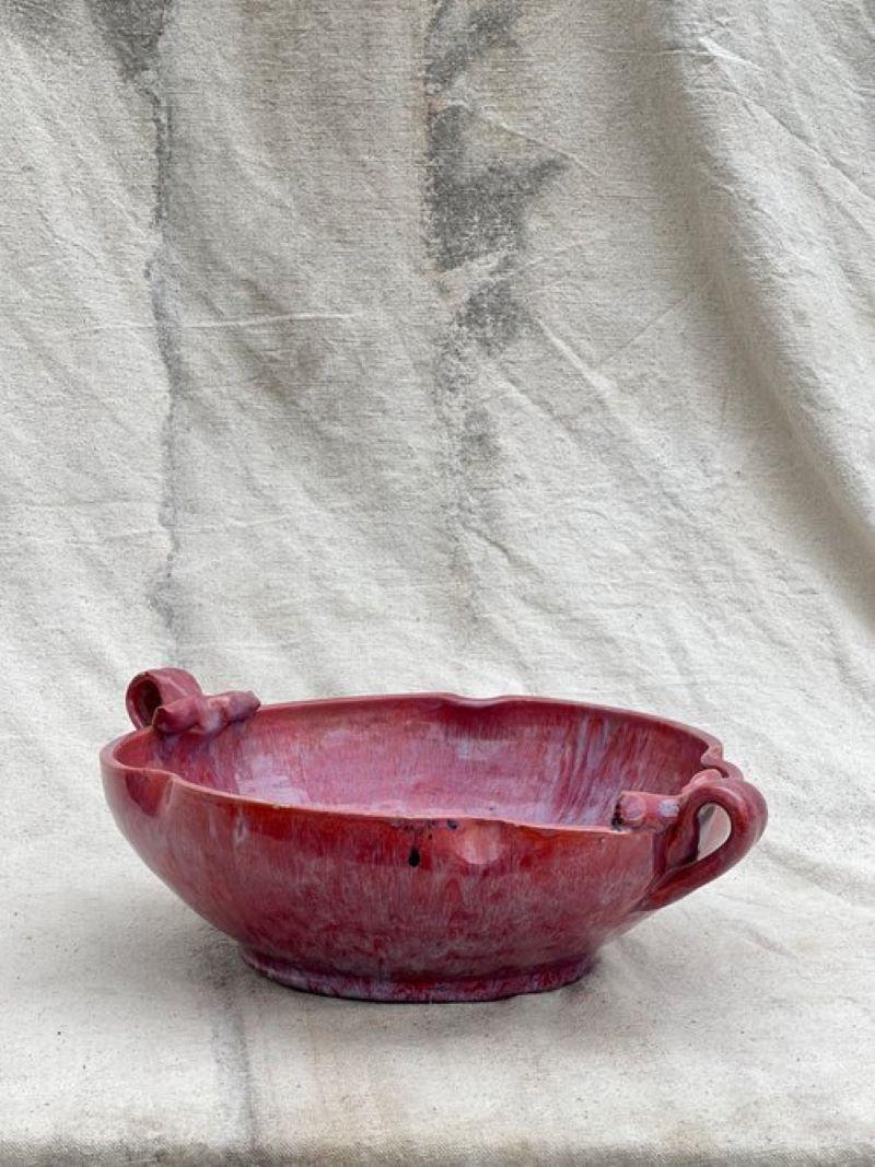 Modern Handmade Magenta Ceramic Bowl With Handles For Sale
