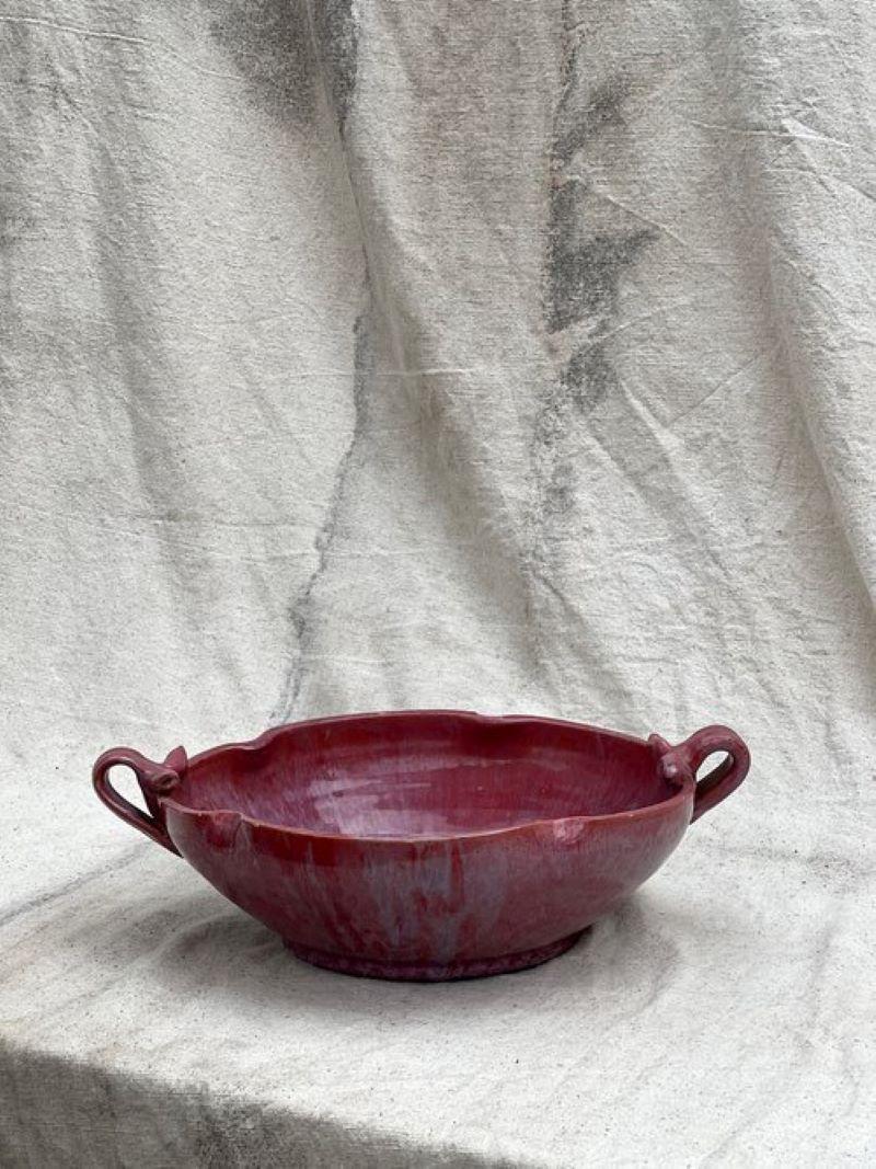 American Handmade Magenta Ceramic Bowl With Handles For Sale