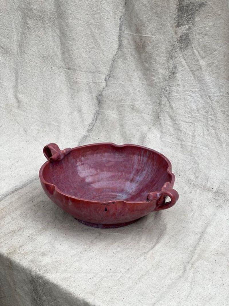 Contemporary Handmade Magenta Ceramic Bowl With Handles For Sale