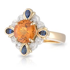 Handmade 18ct Yellow Gold Mandarin Garnet, Blue Sapphire and Diamond Ring