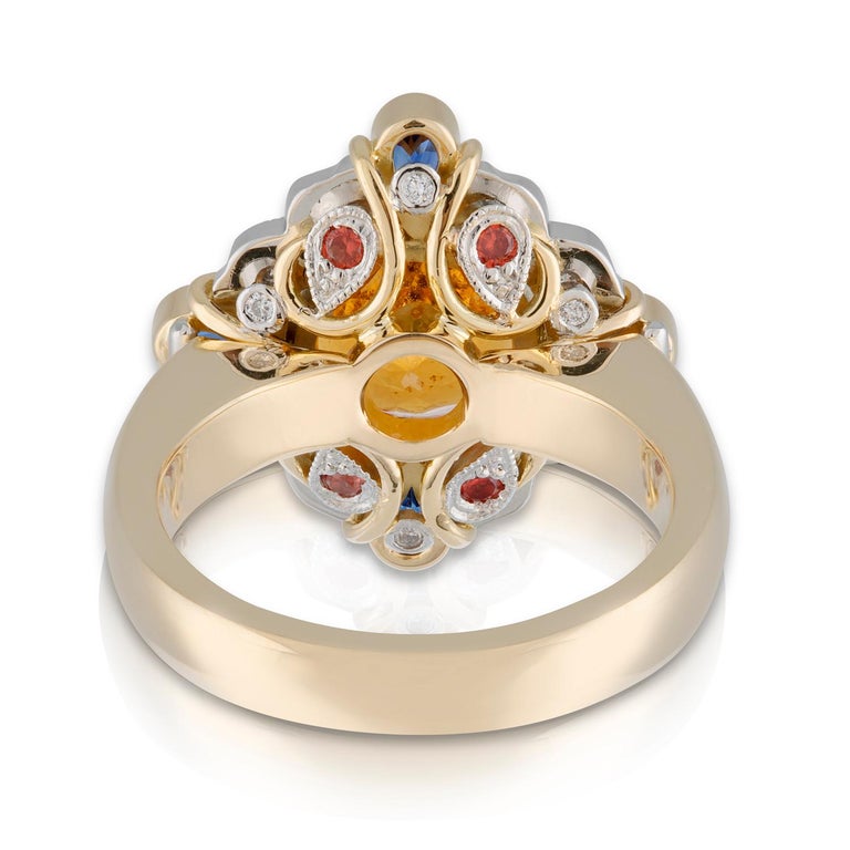 Art Deco Handmade 18ct Yellow Gold Mandarin Garnet, Blue Sapphire and Diamond Ring For Sale
