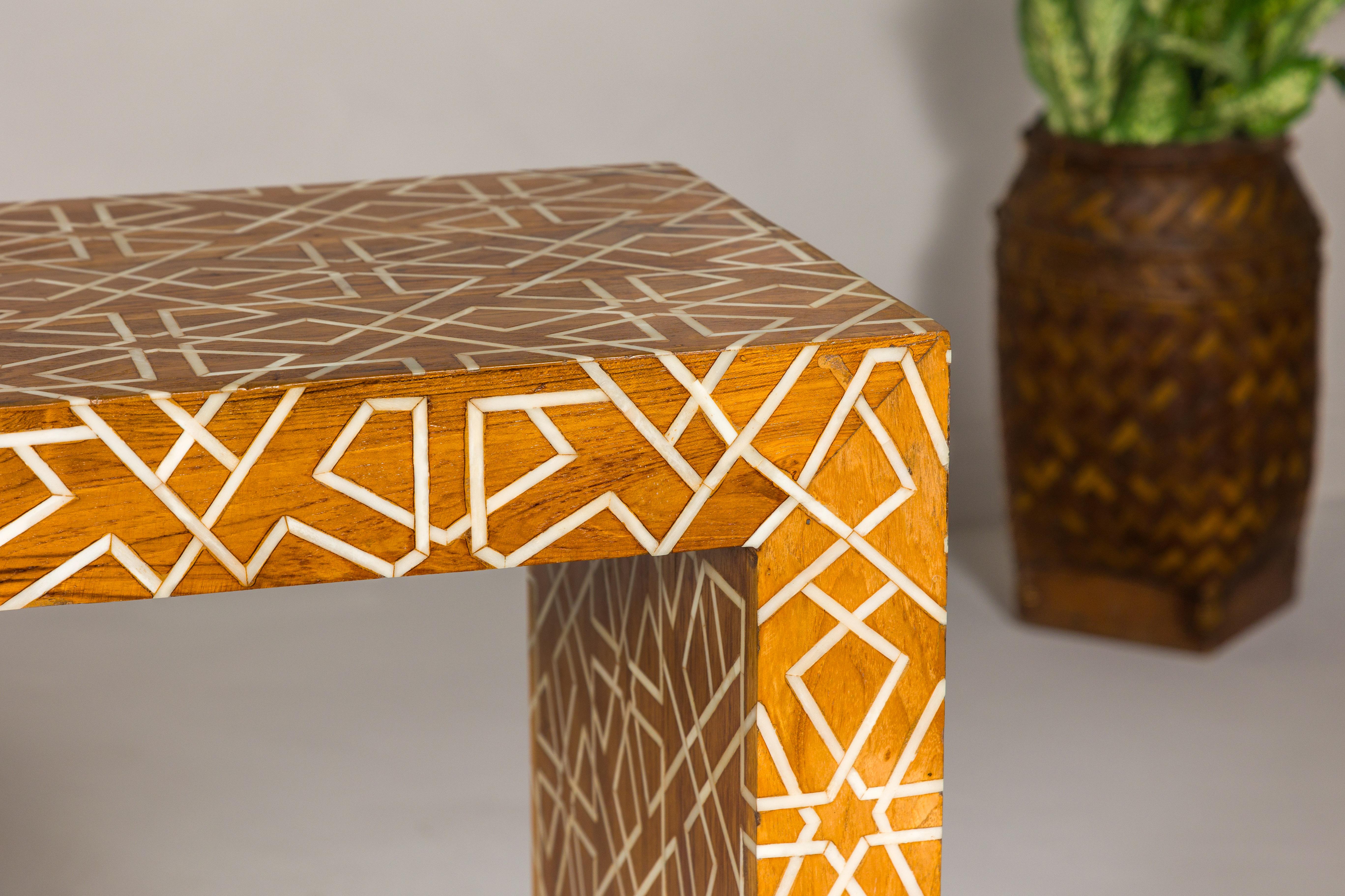 Handmade Mango Wood Linear Console Table with Geometric Bone Inlay For Sale 5