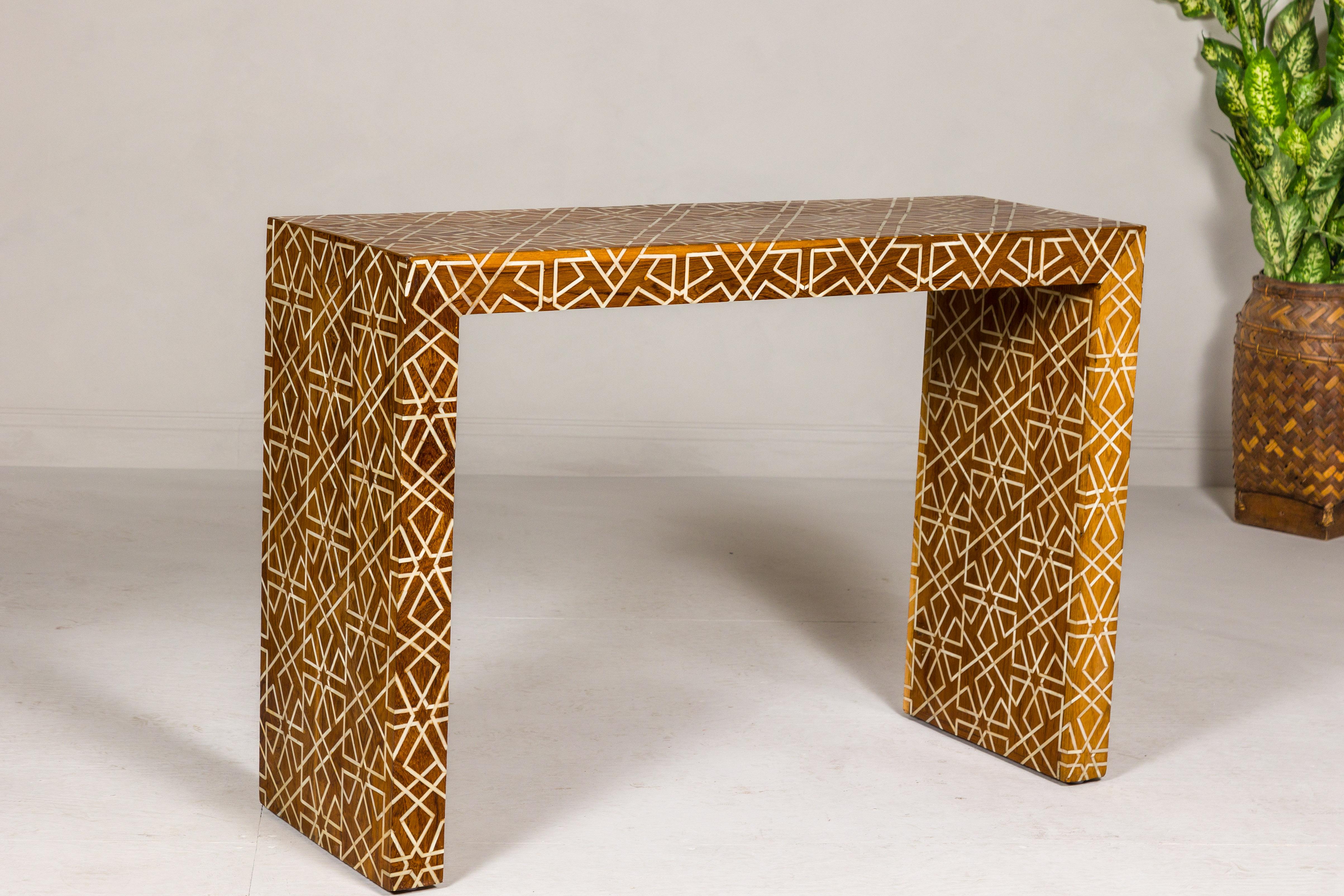 Handmade Mango Wood Linear Console Table with Geometric Bone Inlay For Sale 6