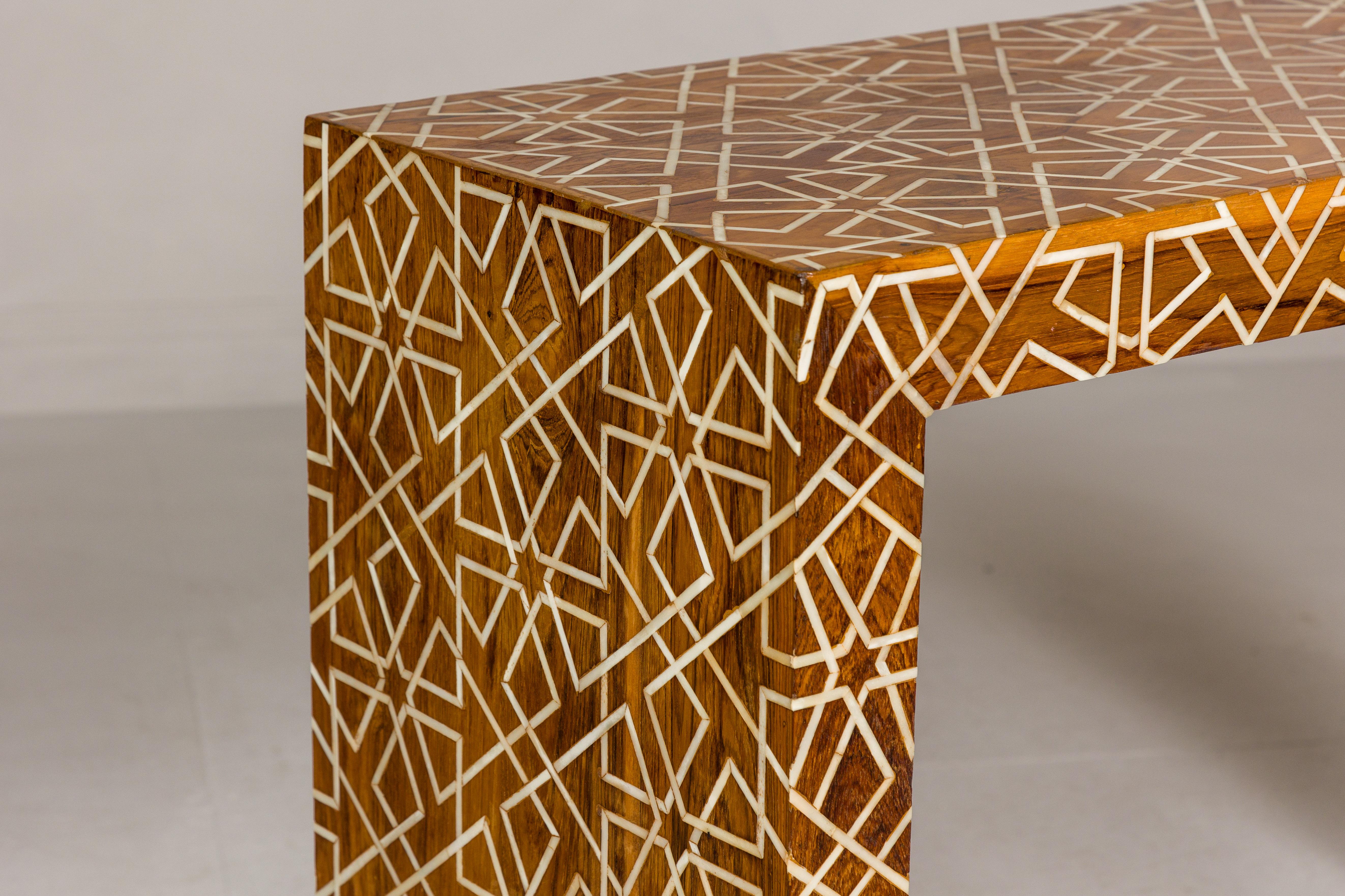 Handmade Mango Wood Linear Console Table with Geometric Bone Inlay For Sale 7