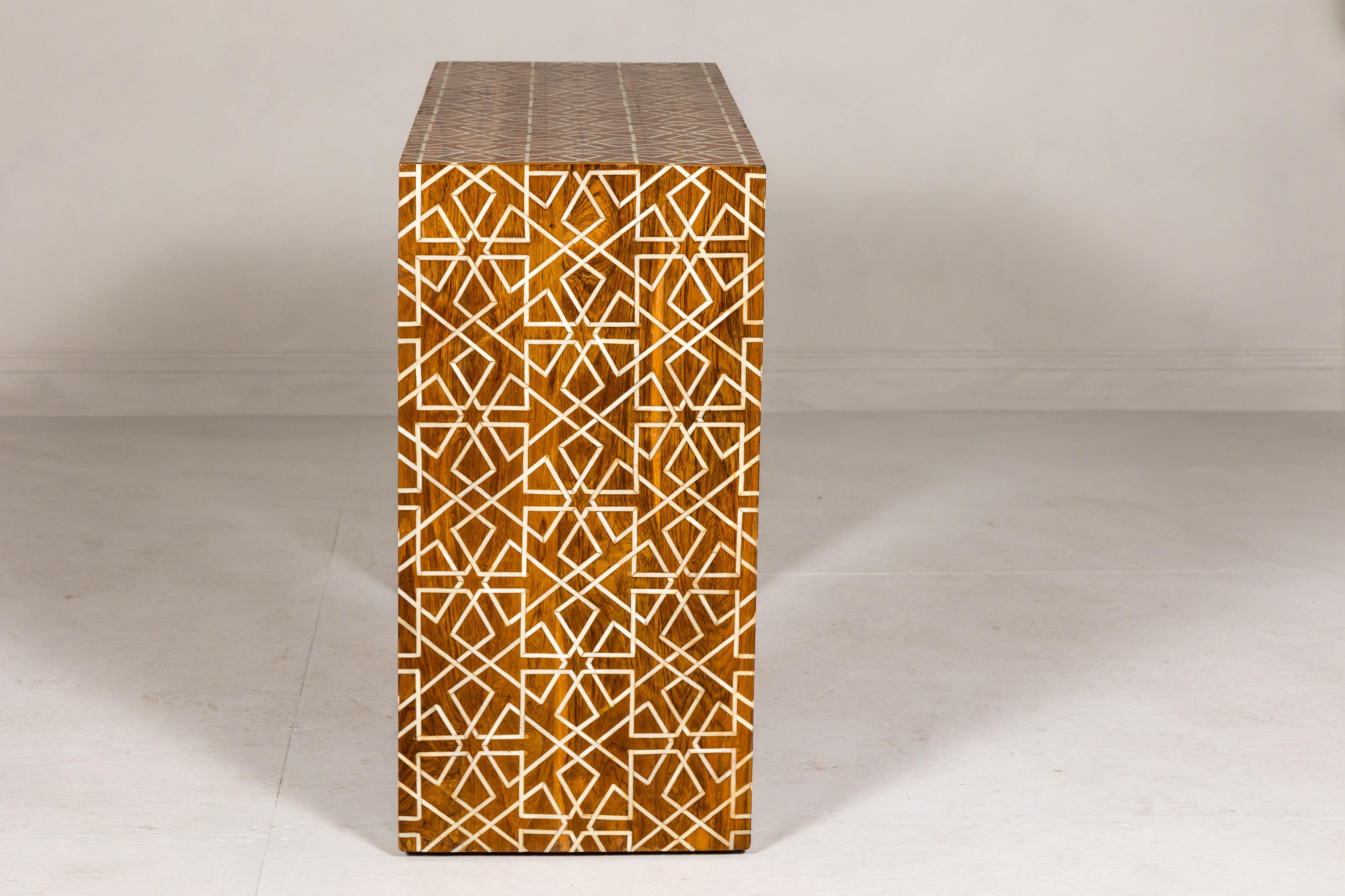 Handmade Mango Wood Linear Console Table with Geometric Bone Inlay For Sale 8