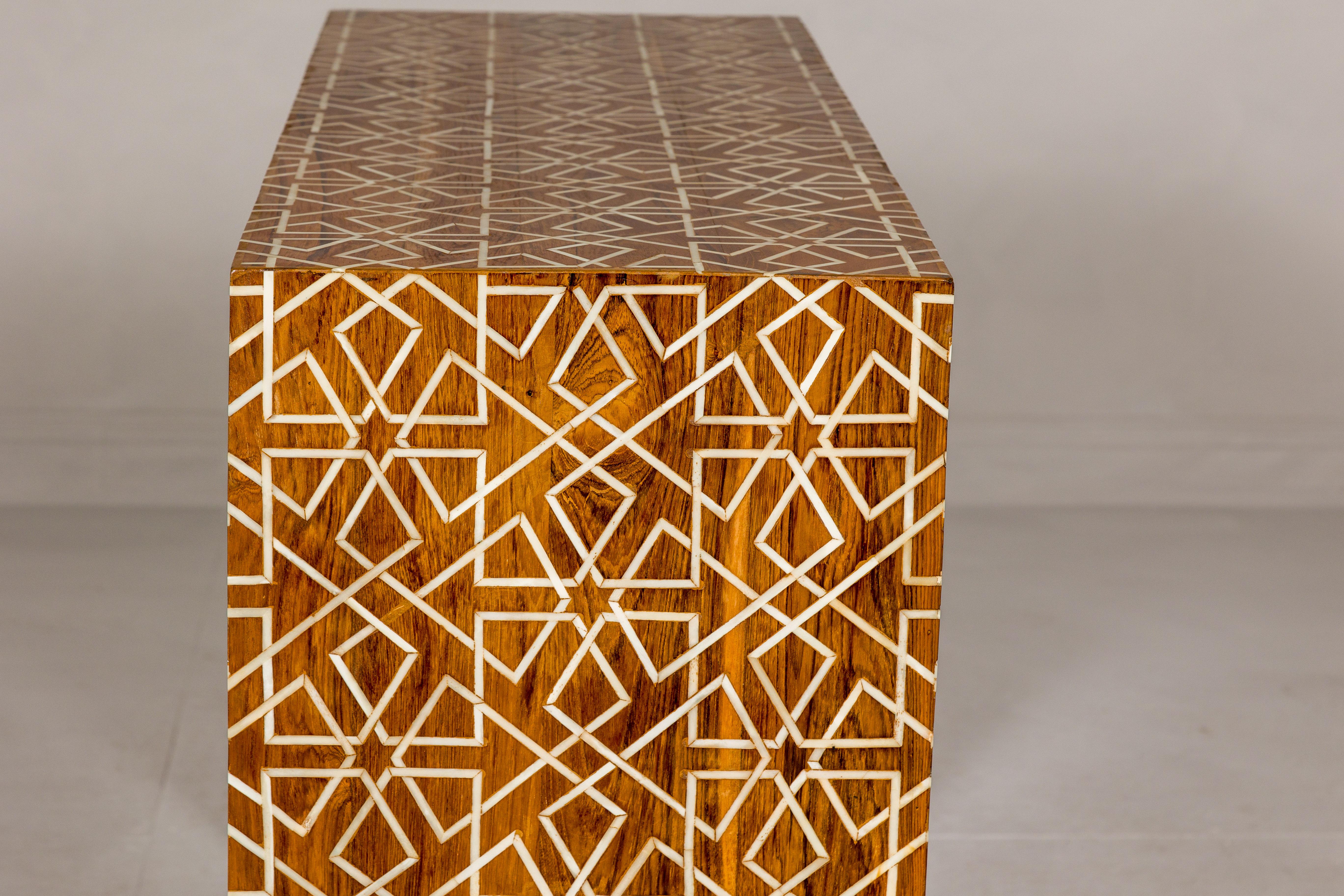 Handmade Mango Wood Linear Console Table with Geometric Bone Inlay For Sale 9