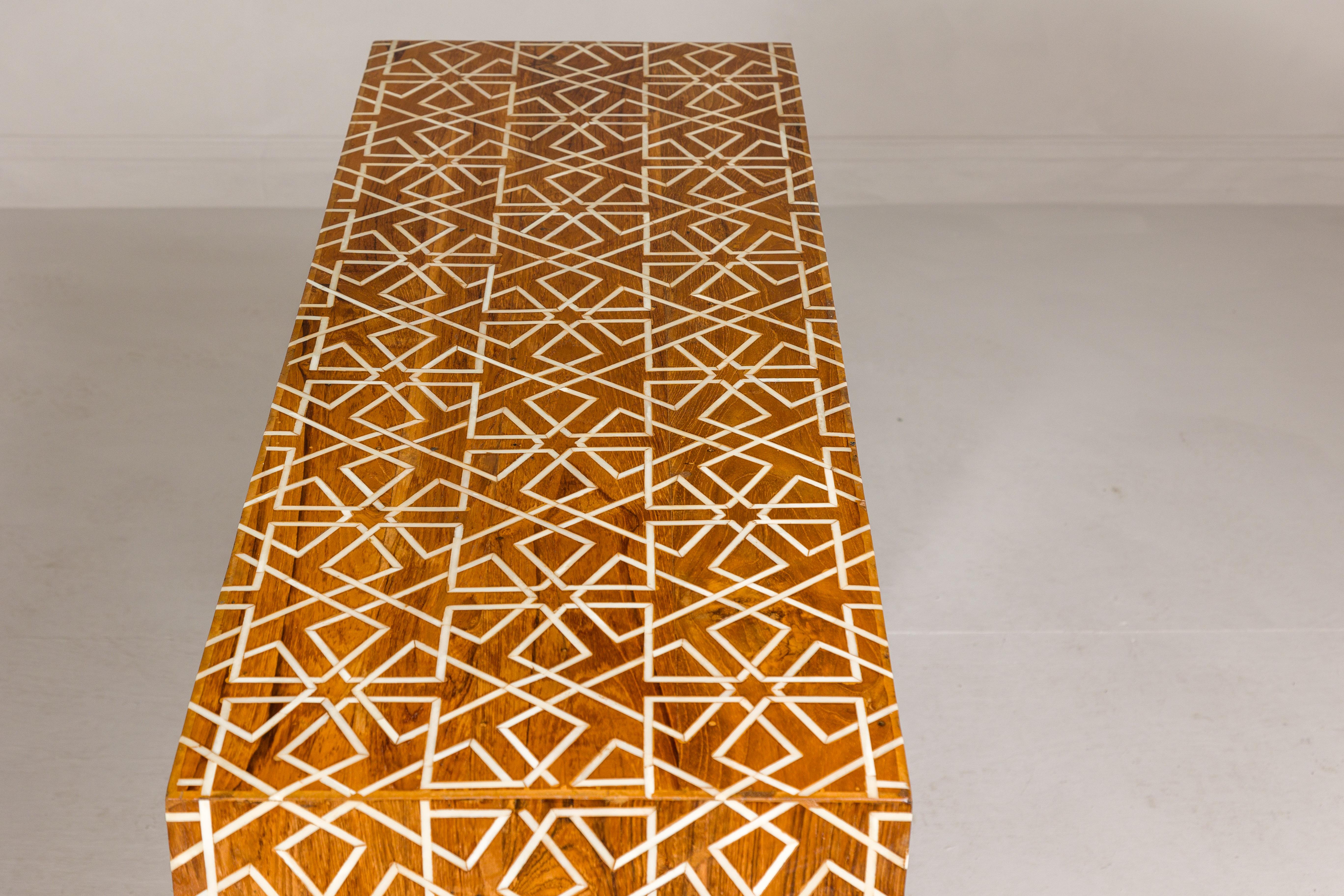 Handmade Mango Wood Linear Console Table with Geometric Bone Inlay For Sale 10