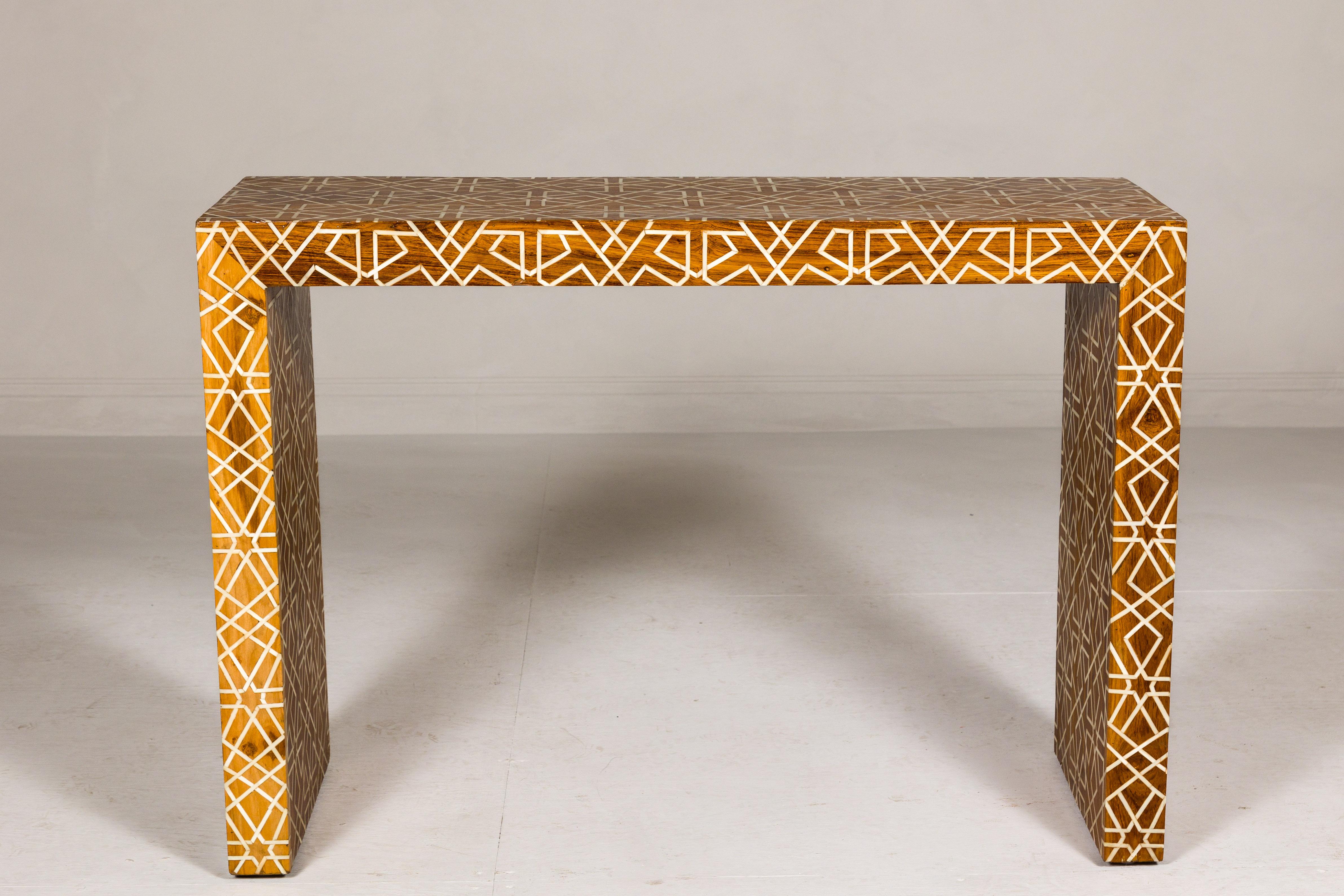 Handmade Mango Wood Linear Console Table with Geometric Bone Inlay For Sale 11