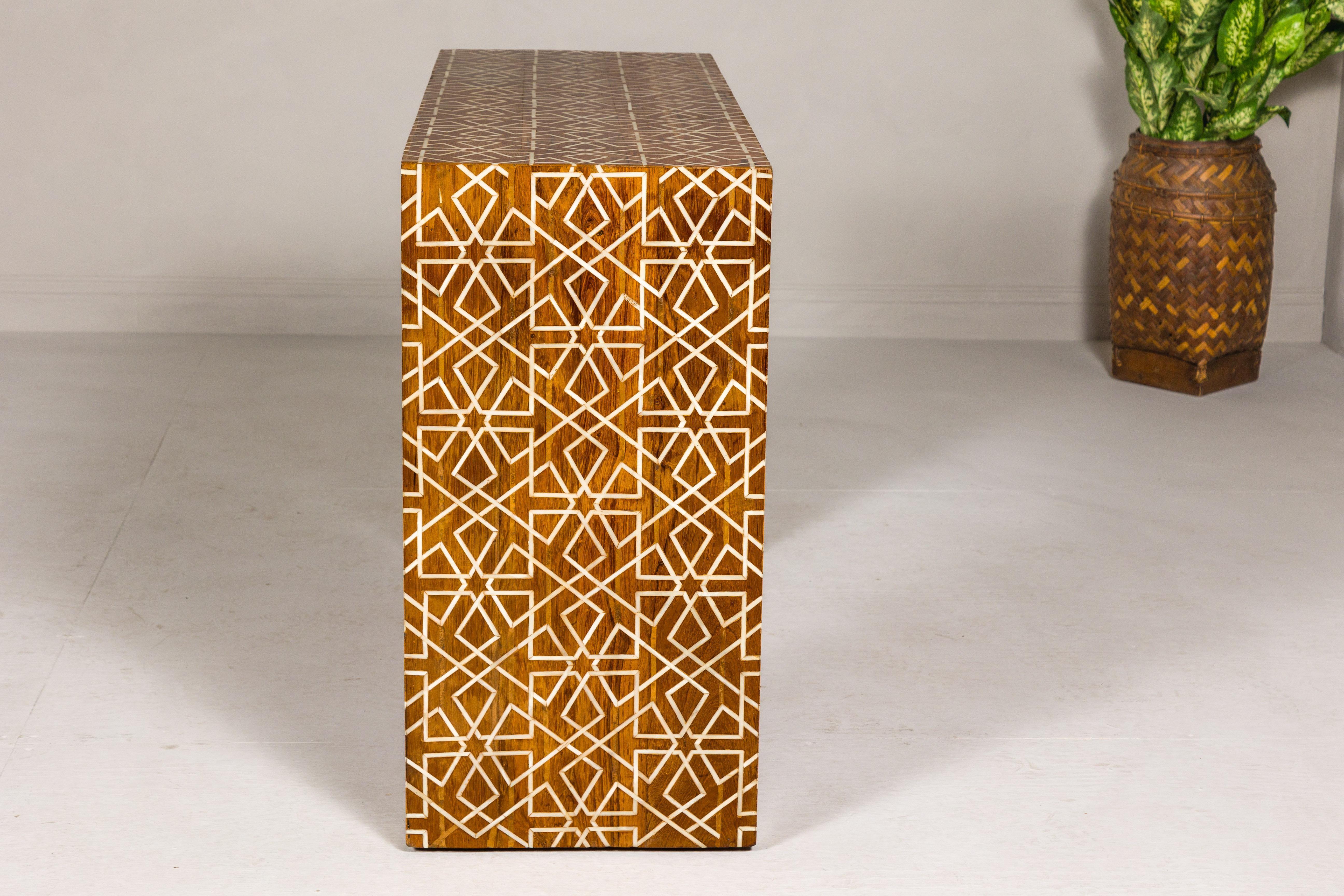 Handmade Mango Wood Linear Console Table with Geometric Bone Inlay For Sale 12