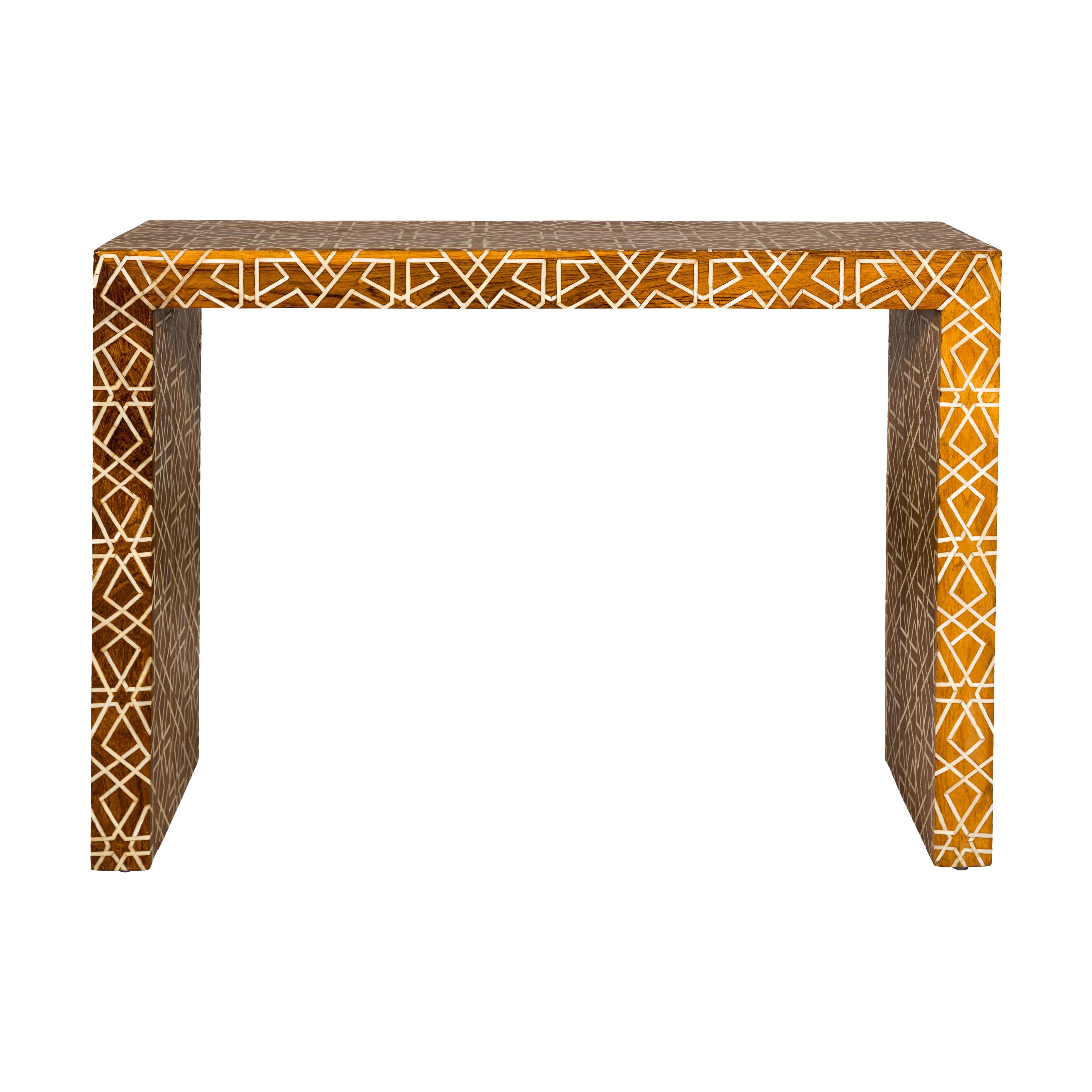 Handmade Mango Wood Linear Console Table with Geometric Bone Inlay For Sale 13