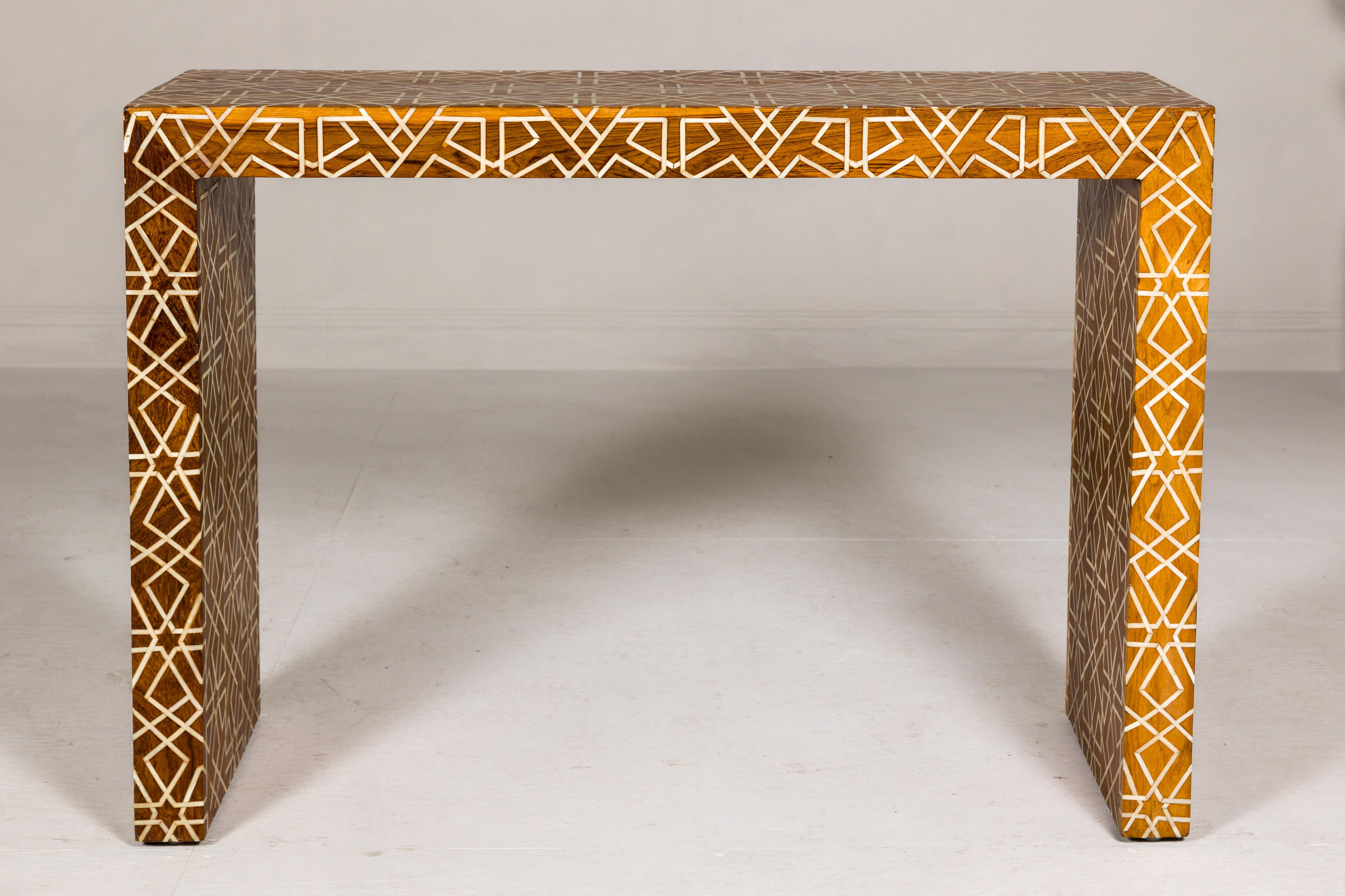 Handmade Mango Wood Linear Console Table with Geometric Bone Inlay In Good Condition For Sale In Yonkers, NY