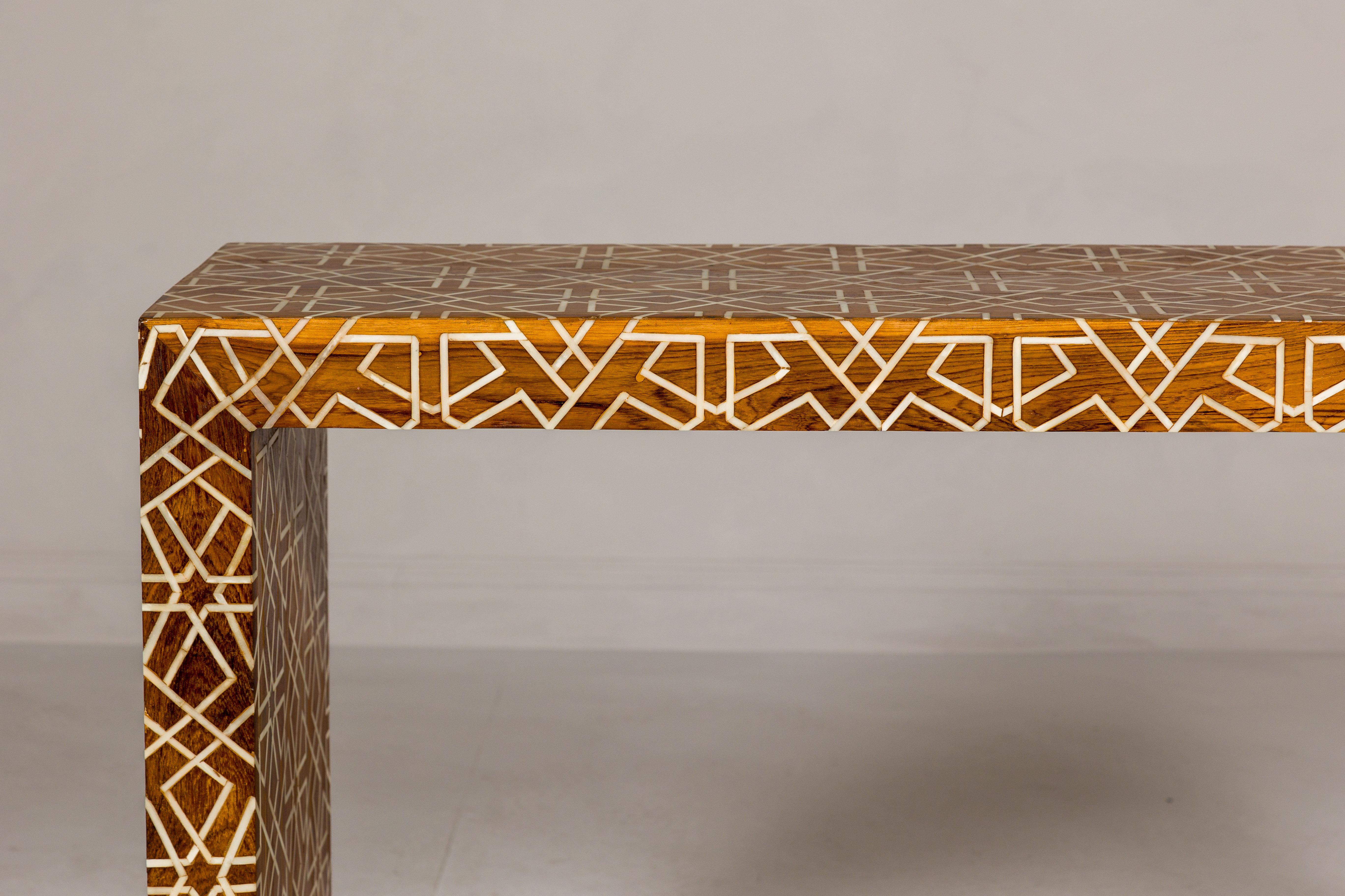 Contemporary Handmade Mango Wood Linear Console Table with Geometric Bone Inlay For Sale
