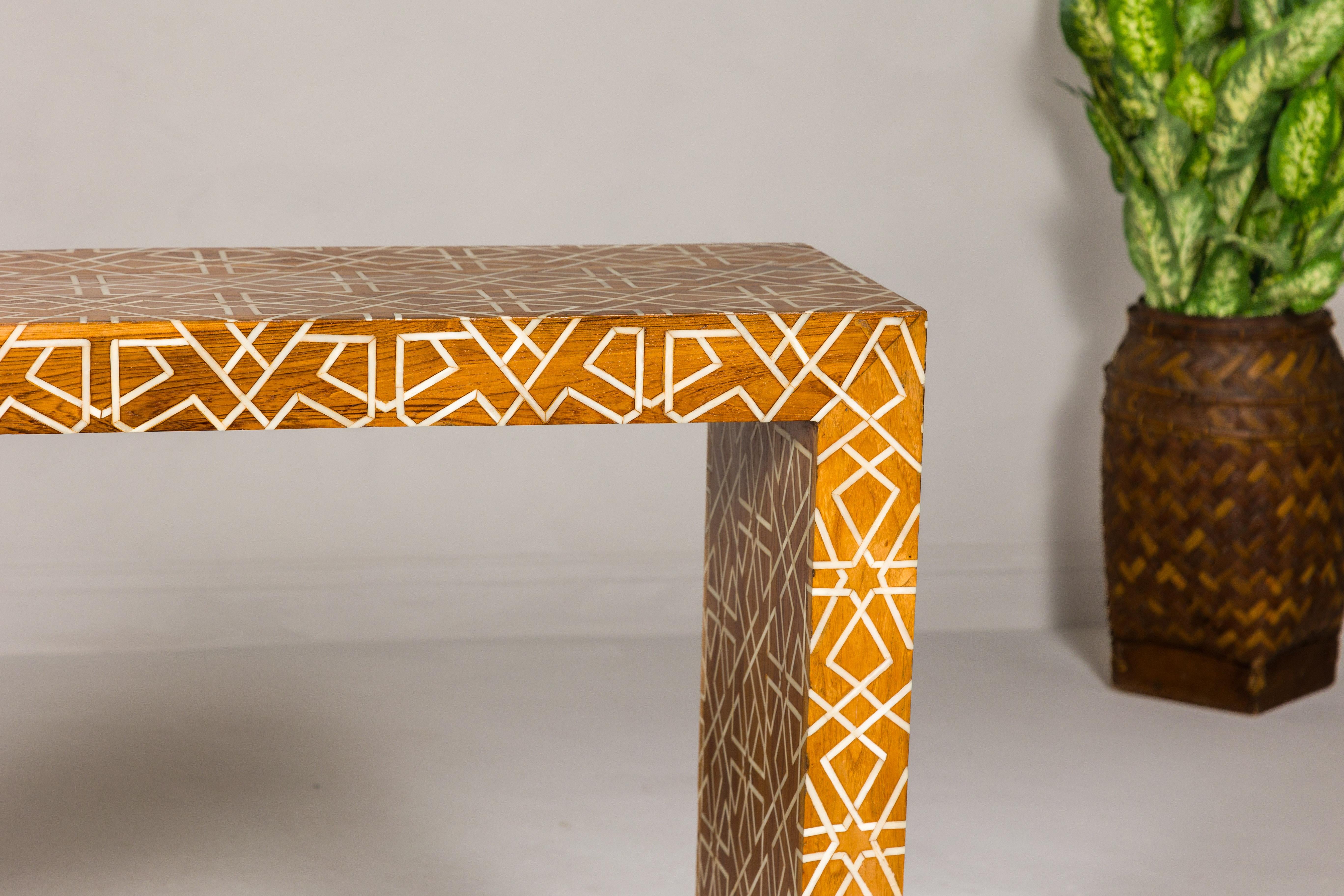 Handmade Mango Wood Linear Console Table with Geometric Bone Inlay For Sale 1