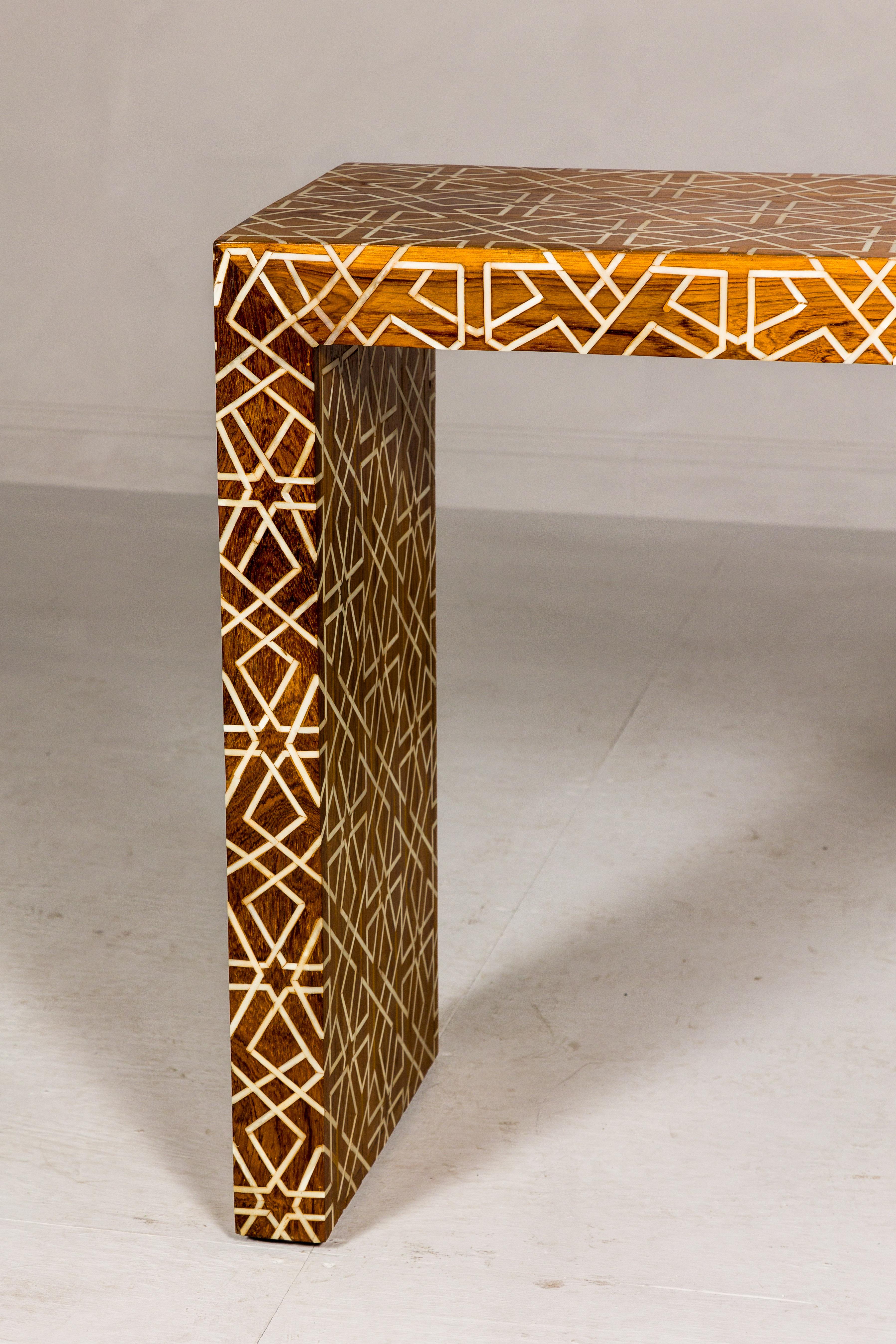 Handmade Mango Wood Linear Console Table with Geometric Bone Inlay For Sale 2