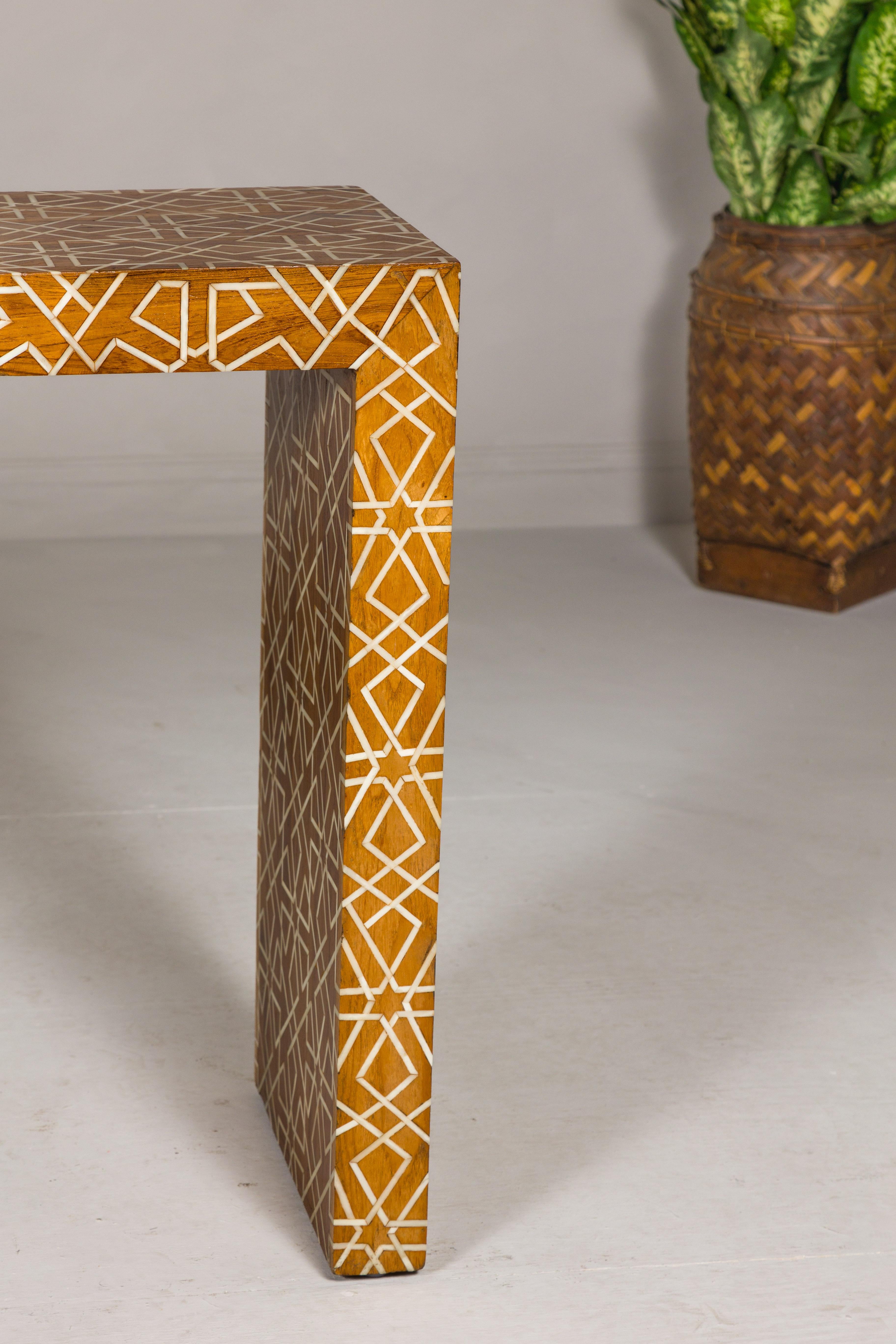 Handmade Mango Wood Linear Console Table with Geometric Bone Inlay For Sale 3