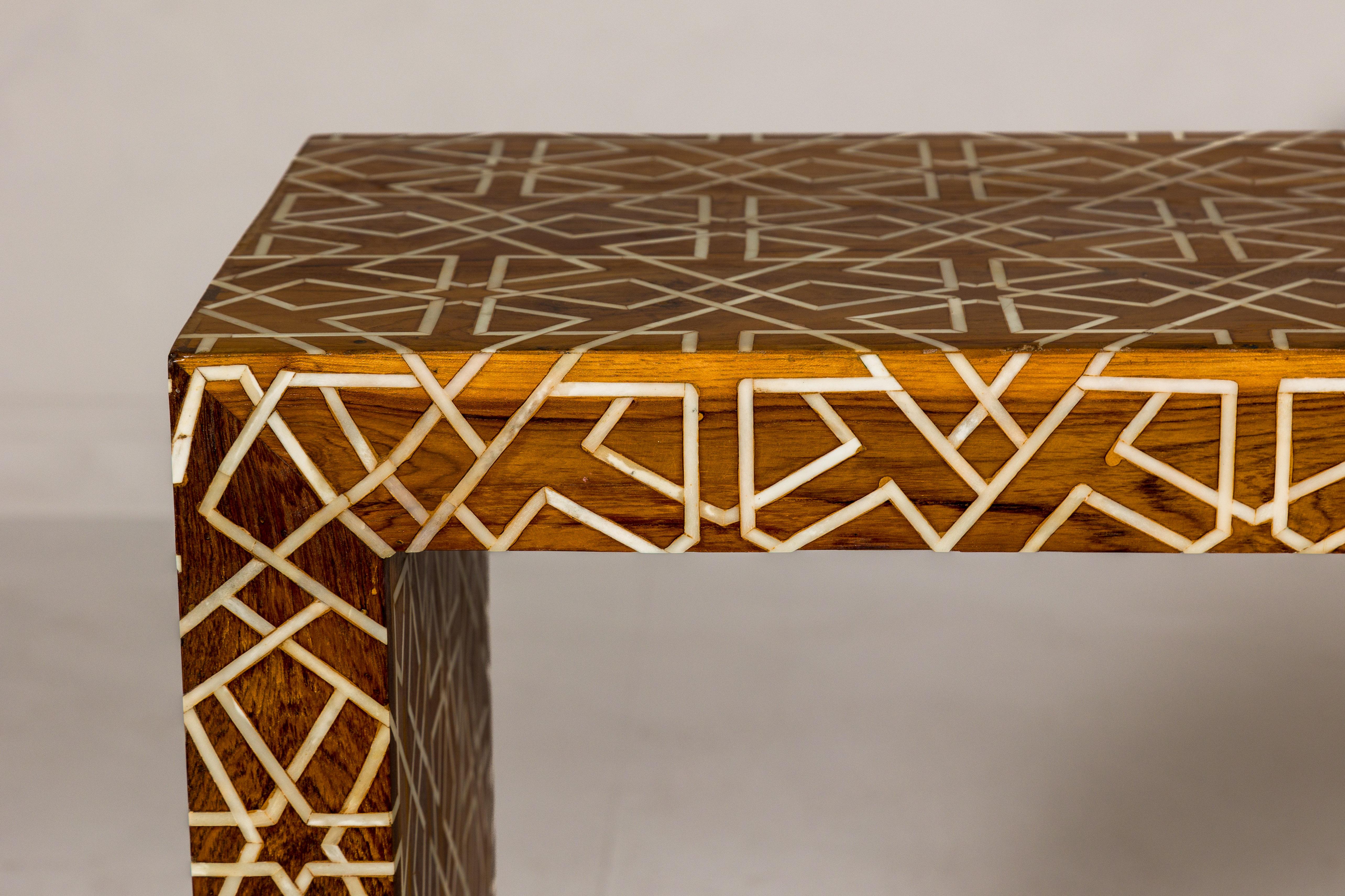 Handmade Mango Wood Linear Console Table with Geometric Bone Inlay For Sale 4