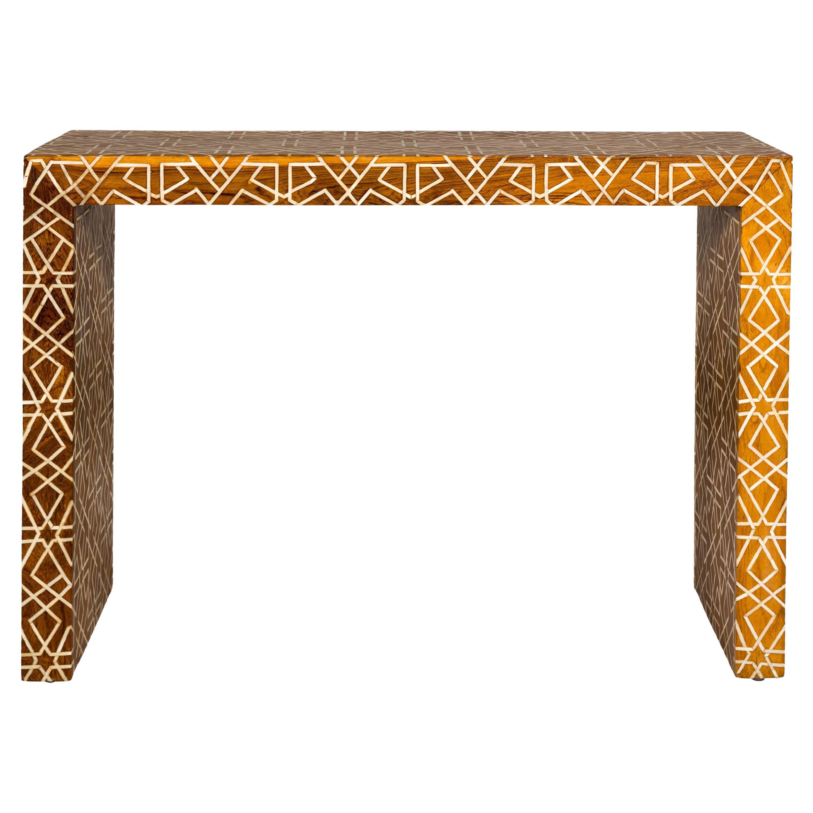 Handmade Mango Wood Linear Console Table with Geometric Bone Inlay For Sale